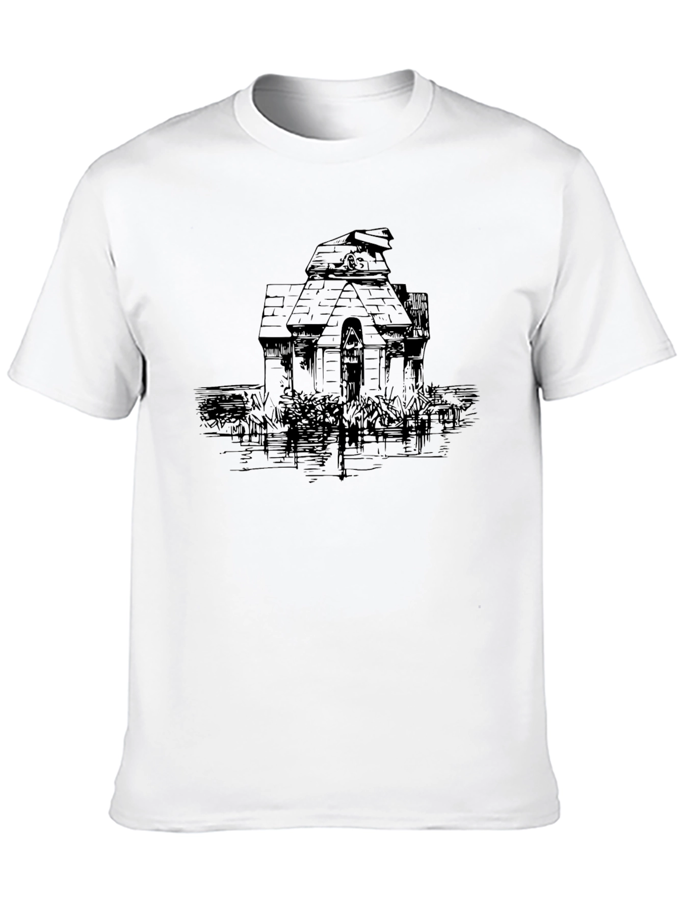 Black Men's Black Tee with Haunted House Graphic view 10