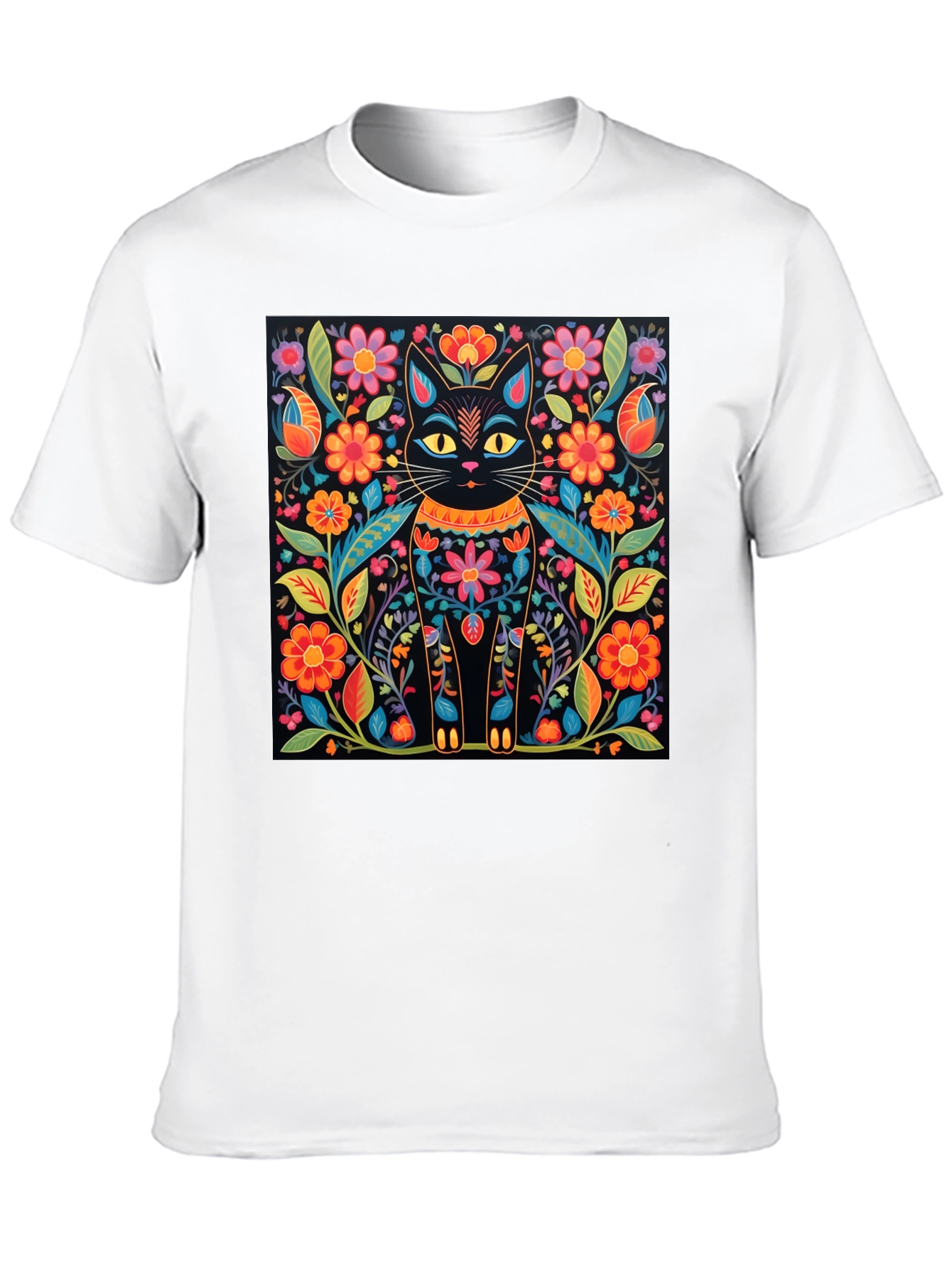 Black Floral Cat Graphic Print Black T-Shirt view 10