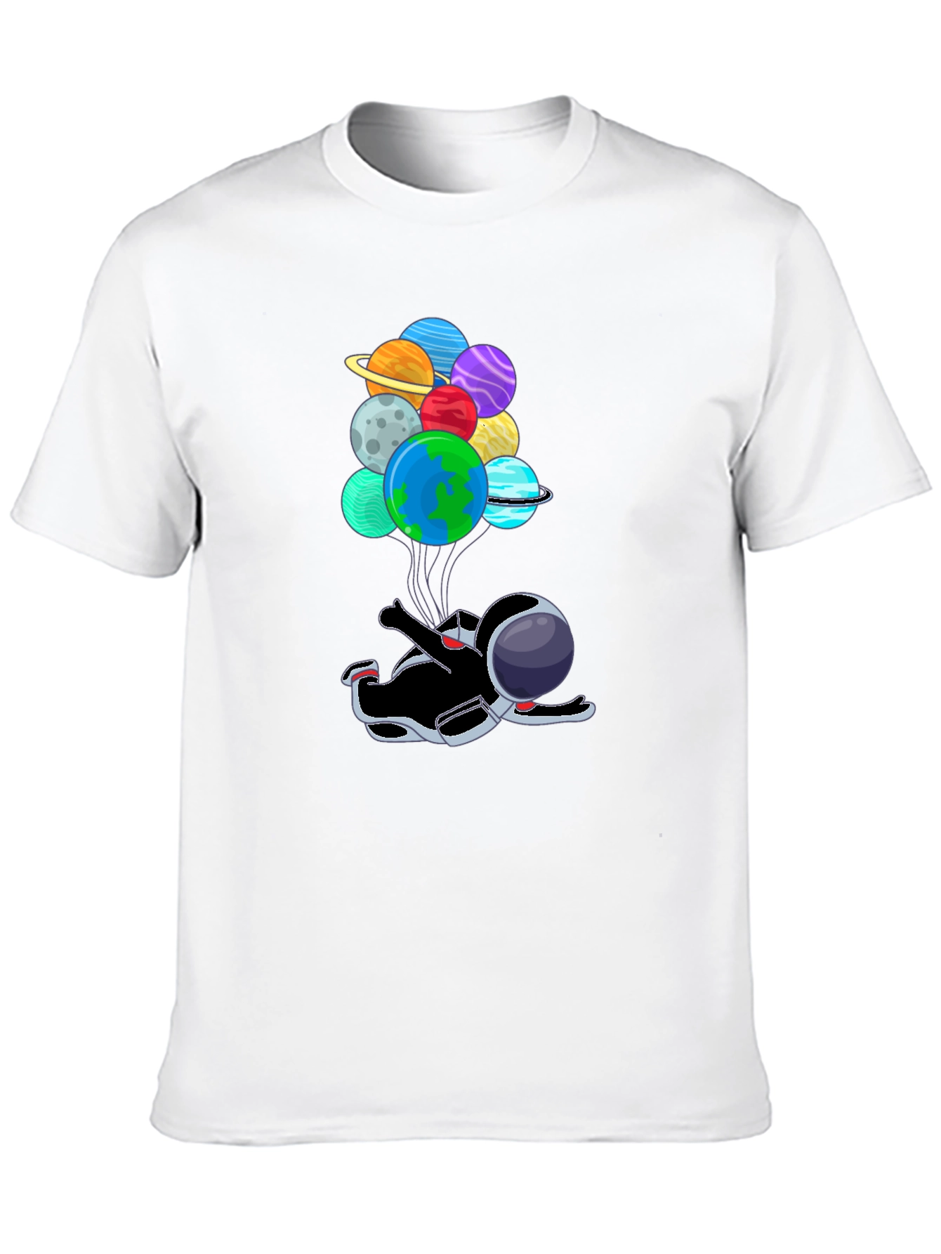 Black Astronaut Floating with Planet Balloons T-Shirt view 10
