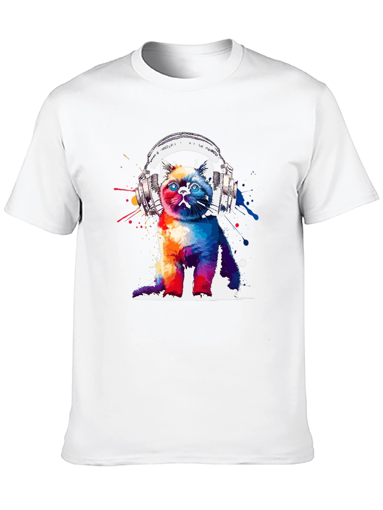 Black Colorful Cat Headphones Graphic T-Shirt view 10