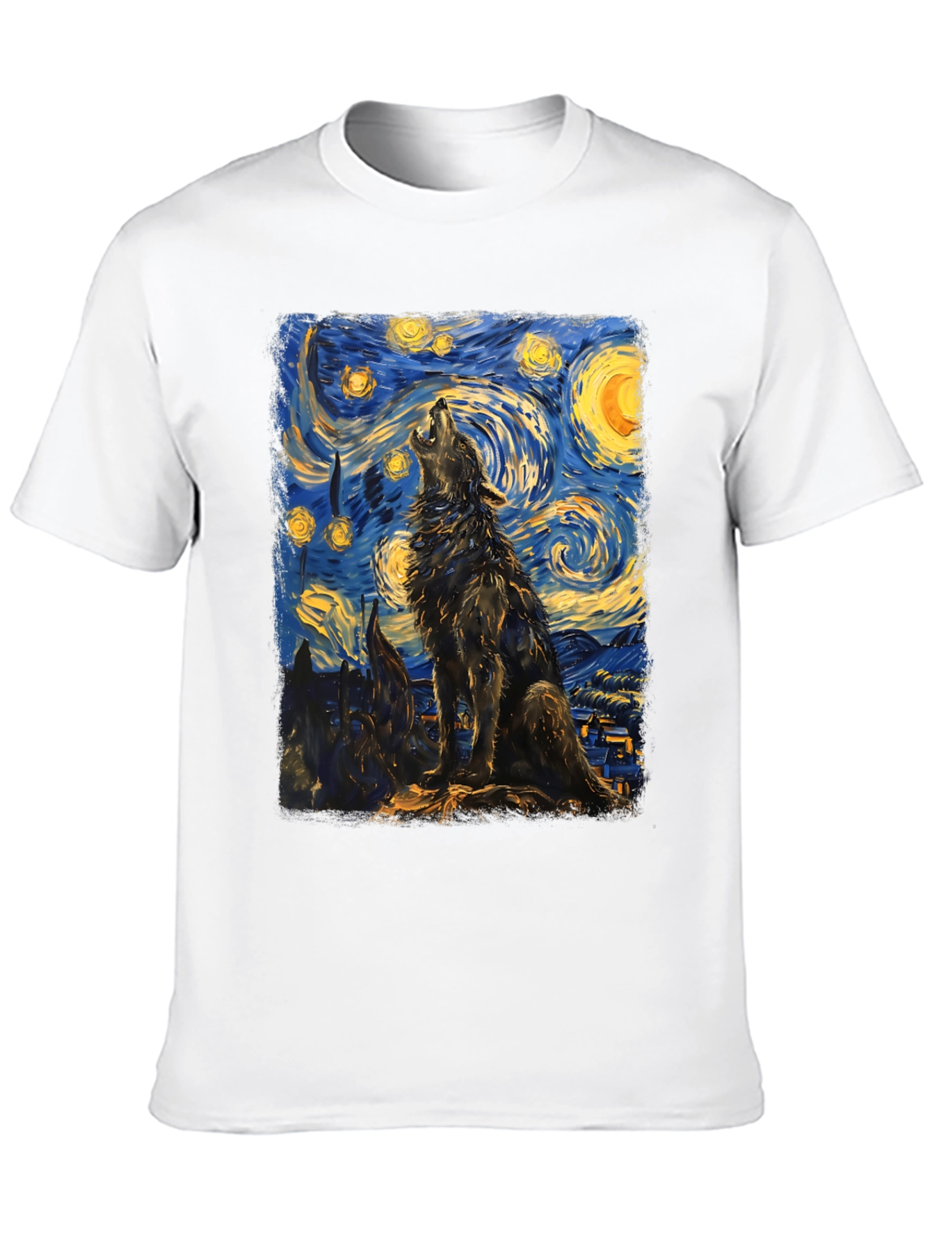 Black Starry Night Wolf Graphic Tee - Unique Artistic Design view 10