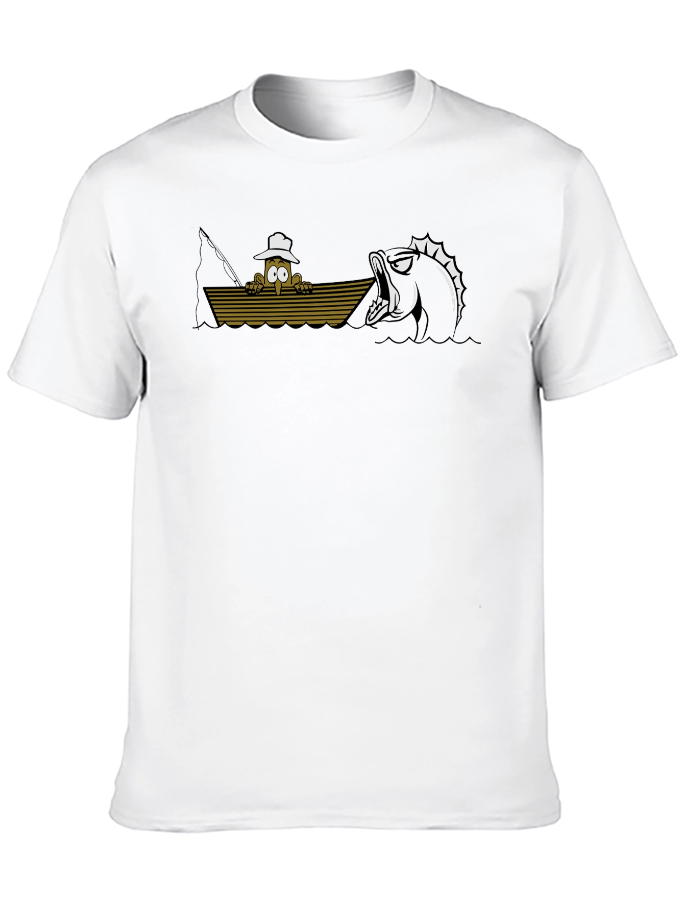 Black Cartoon Fisherman vs Monster Fish Black T-Shirt view 10