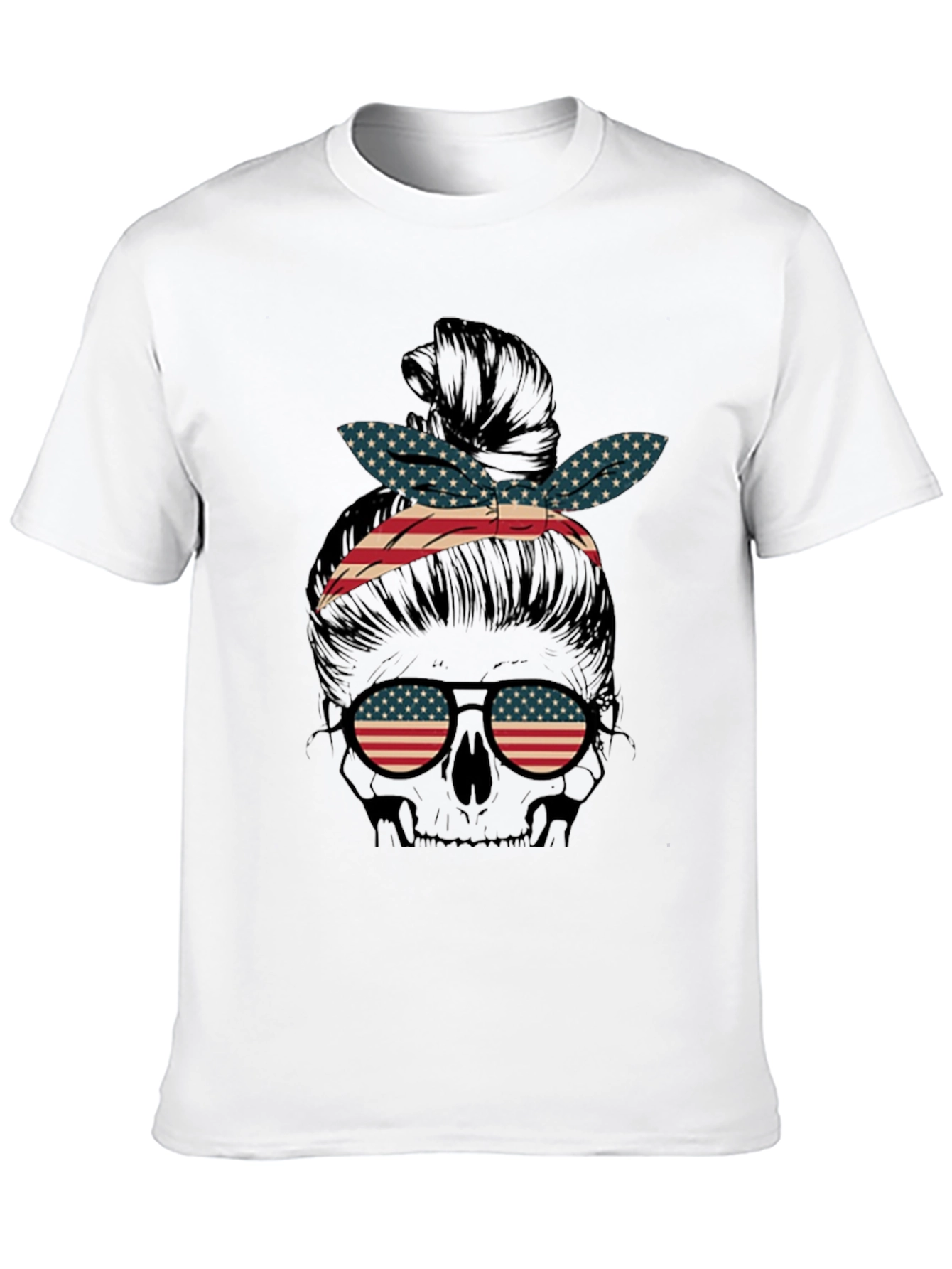 Black American Flag Skull Messy Bun Graphic Tee view 10