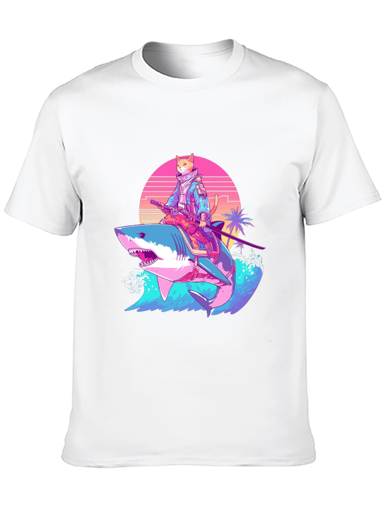 Black Cat Samurai Riding Shark T-Shirt view 10