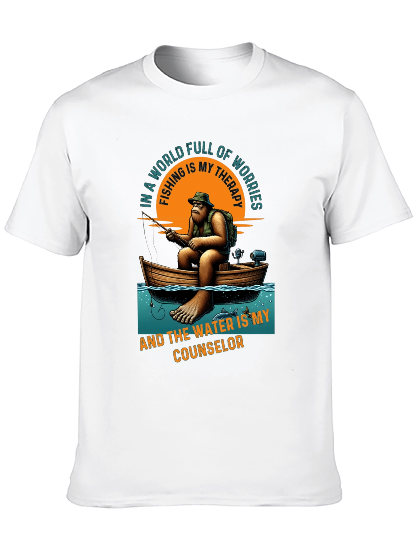 Black Fishing Therapy T-Shirt: Bigfoot Design view 10
