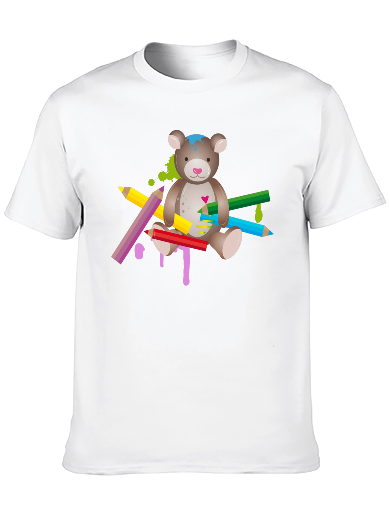 Black Cute Teddy Bear & Colorful Pencils Graphic T-Shirt - Unisex view 10