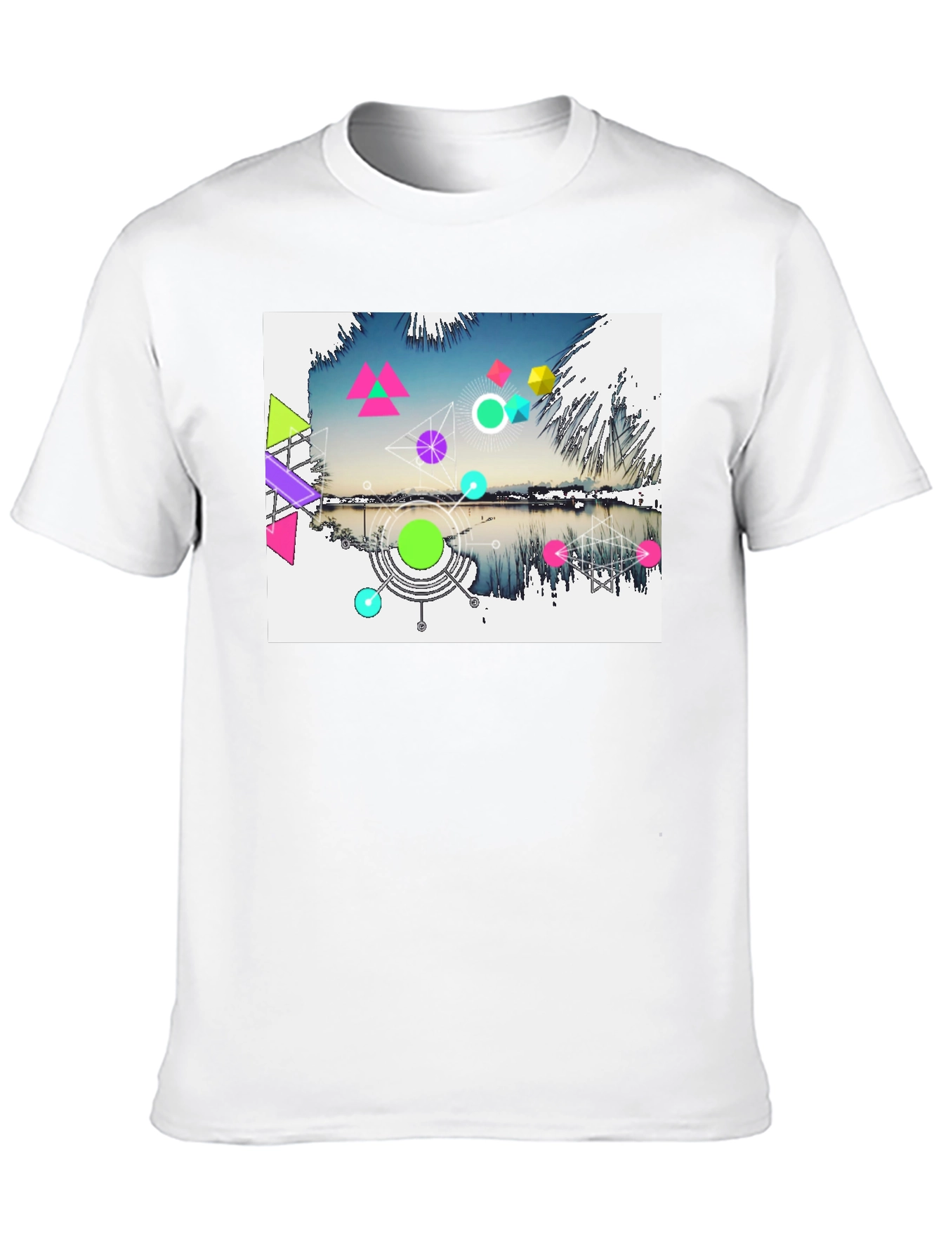 Black Geometric Lake Design Men's Black T-Shirt view 10