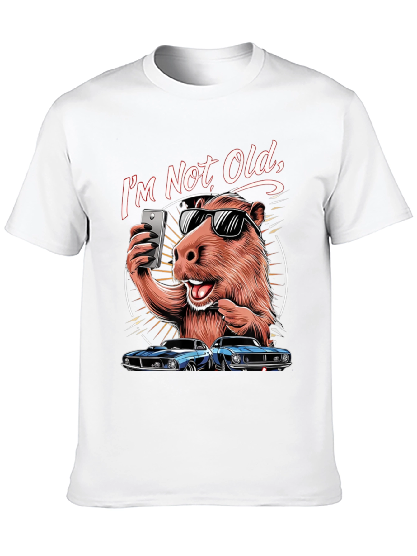 Black I'm Not Old T-Shirt: Capybara Selfie & Classic Car Design view 10