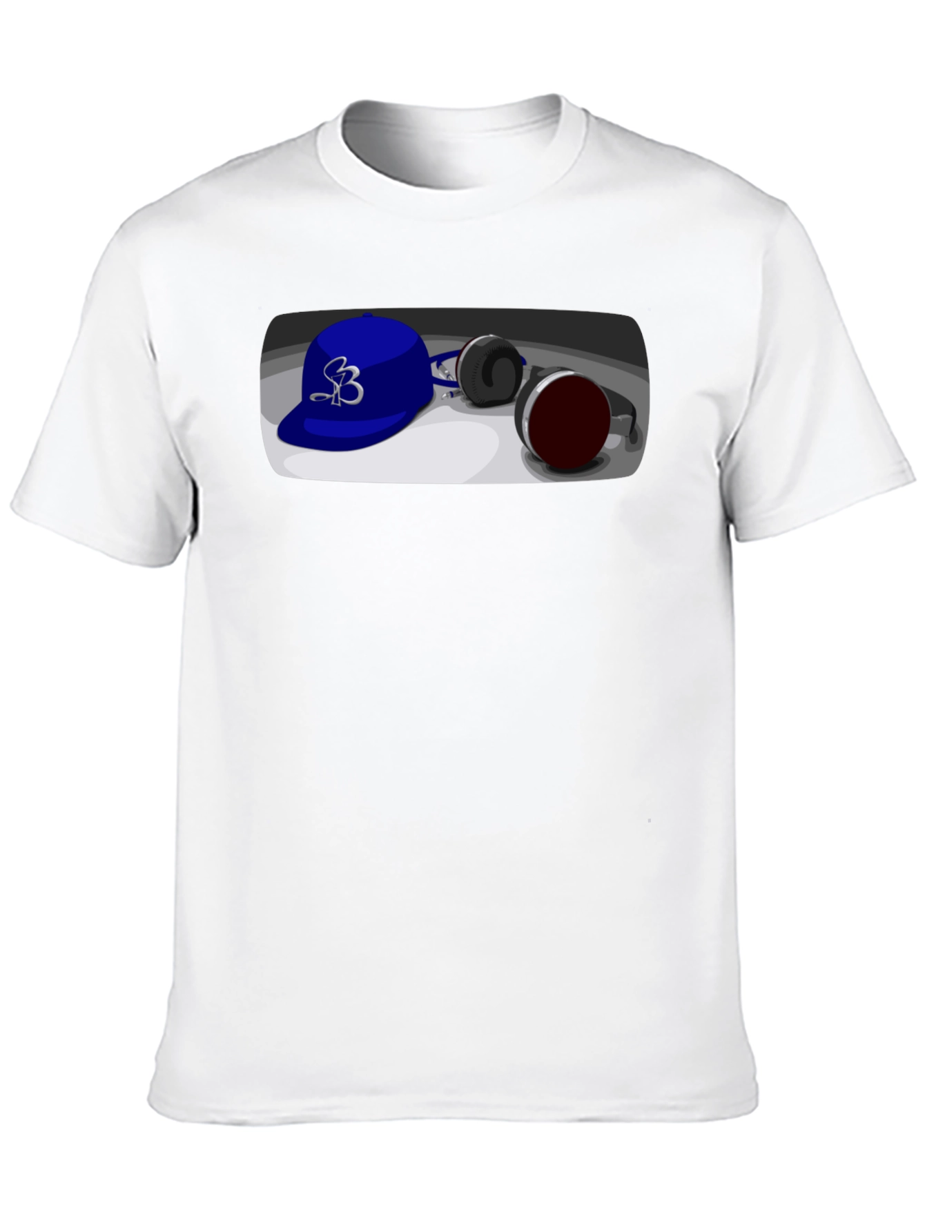 Black Cool Cartoon Blue Hat and Headphones Graphic Tee view 10
