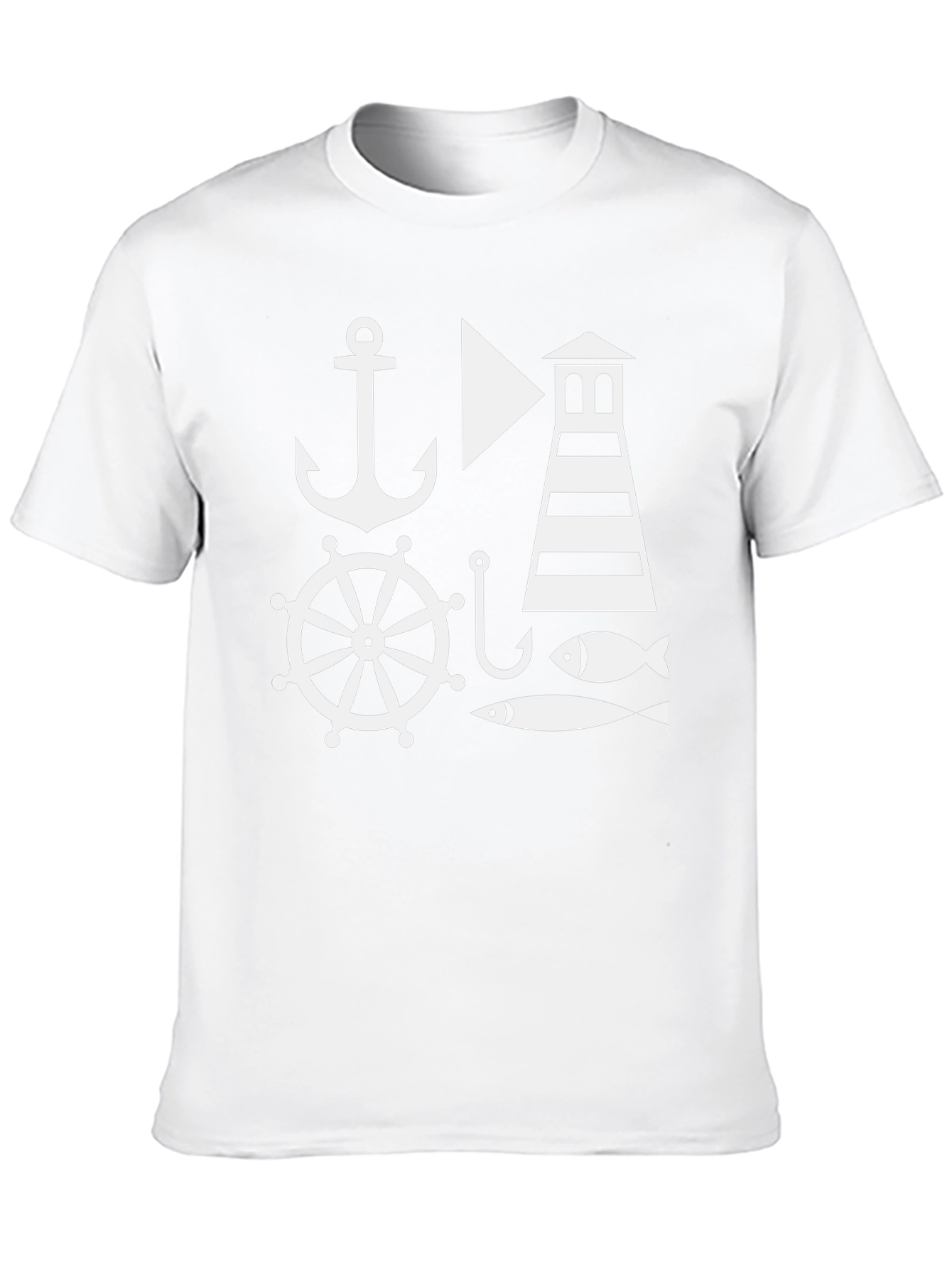 Black Nautical Theme Men's Black T-Shirt: Anchor, Lighthouse, Fish view 10