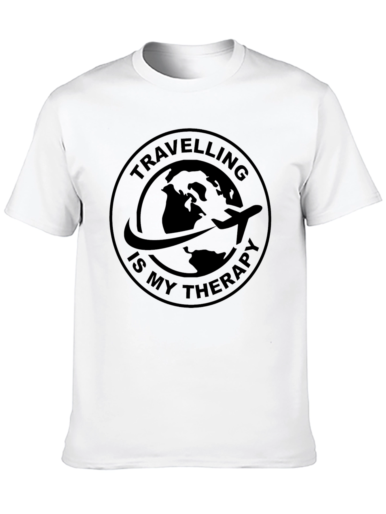 Black Travel Therapy Black T-Shirt - Globe Airplane Design view 10