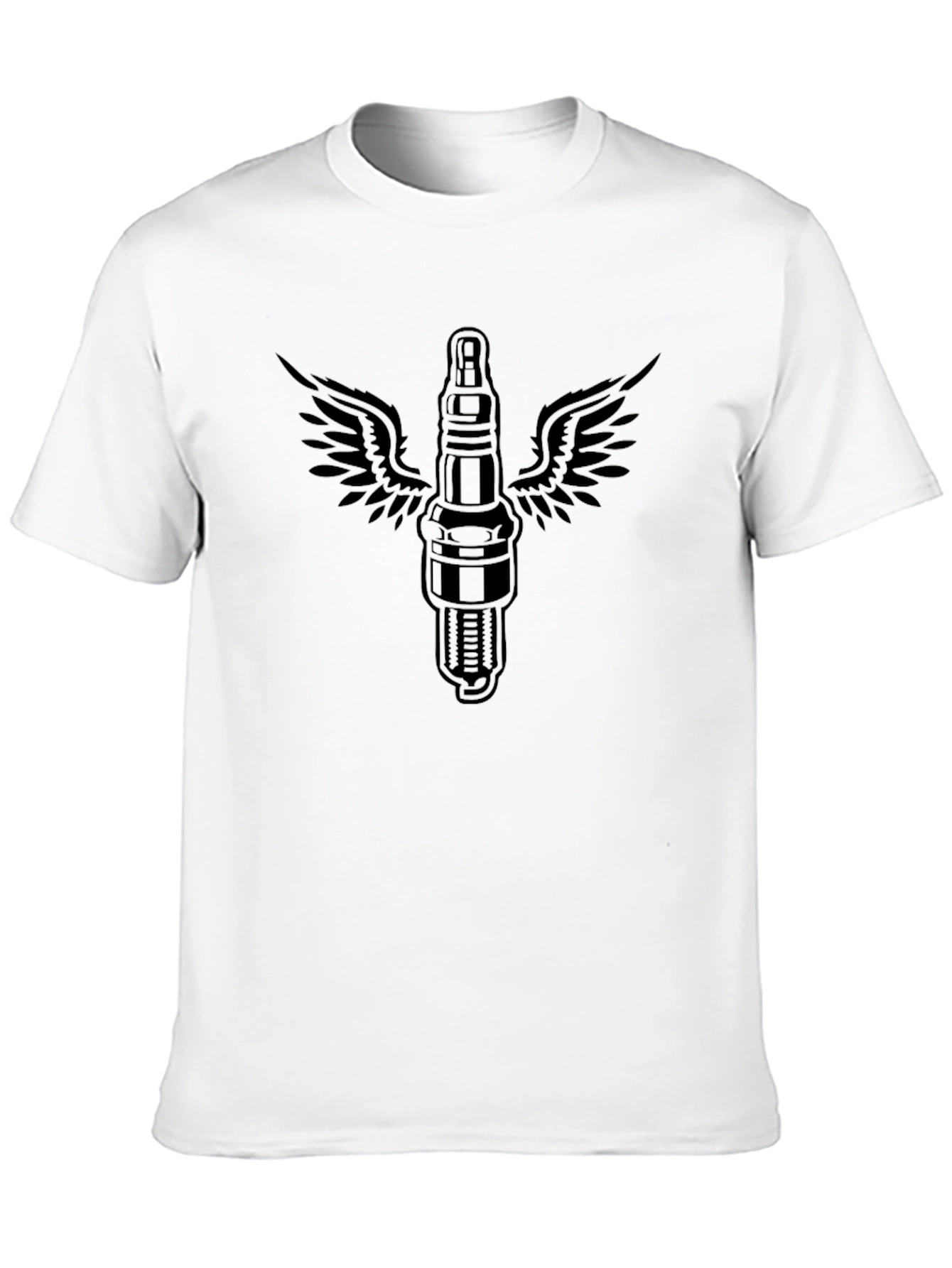 Black Men's Black T-Shirt with Flying Spark Plug Graphic view 10