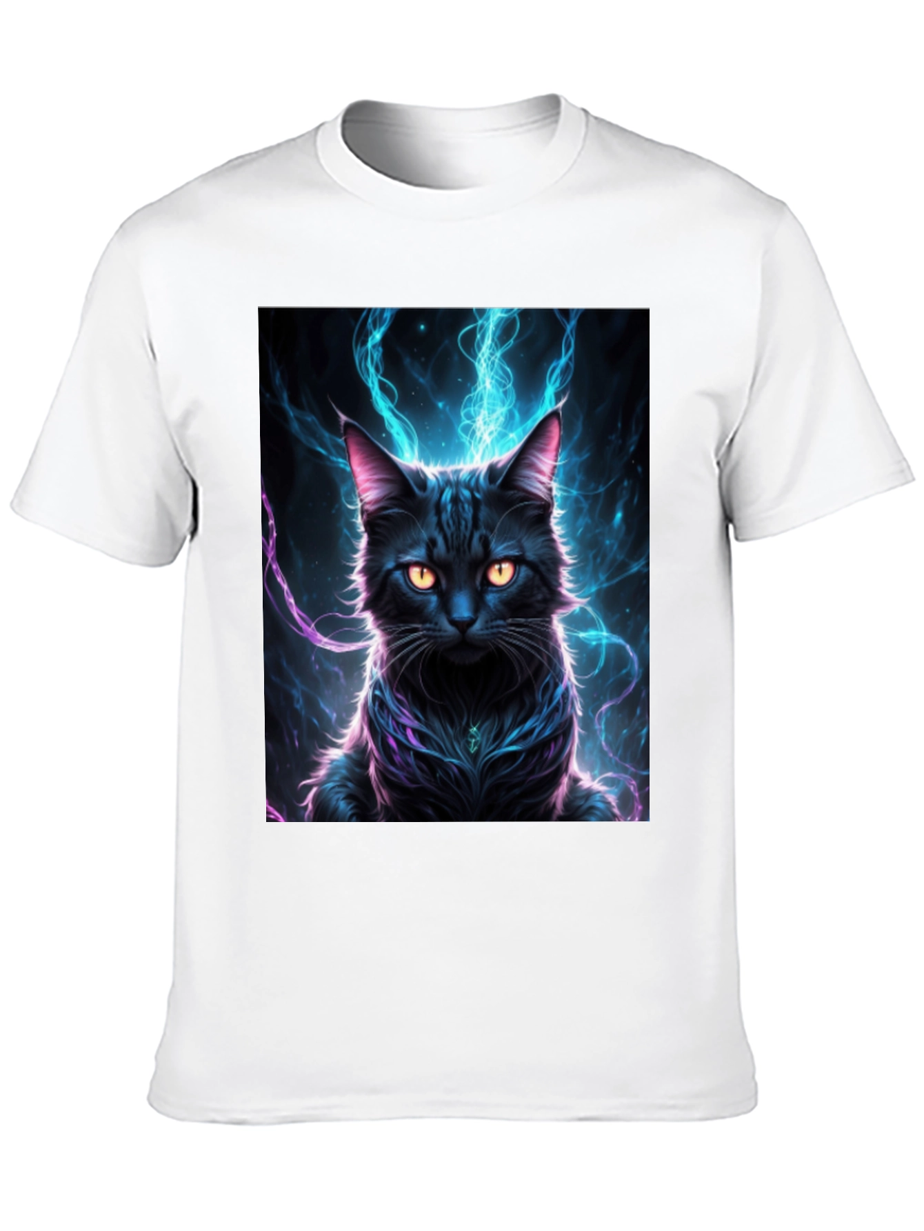 Mystic Feline T-Shirt: Black Cat with Electric Aura Design - 10