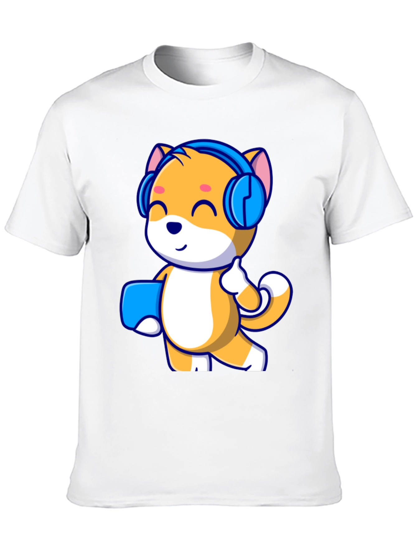 Black Cute Cartoon Cat with Headphones Black T-Shirt view 10