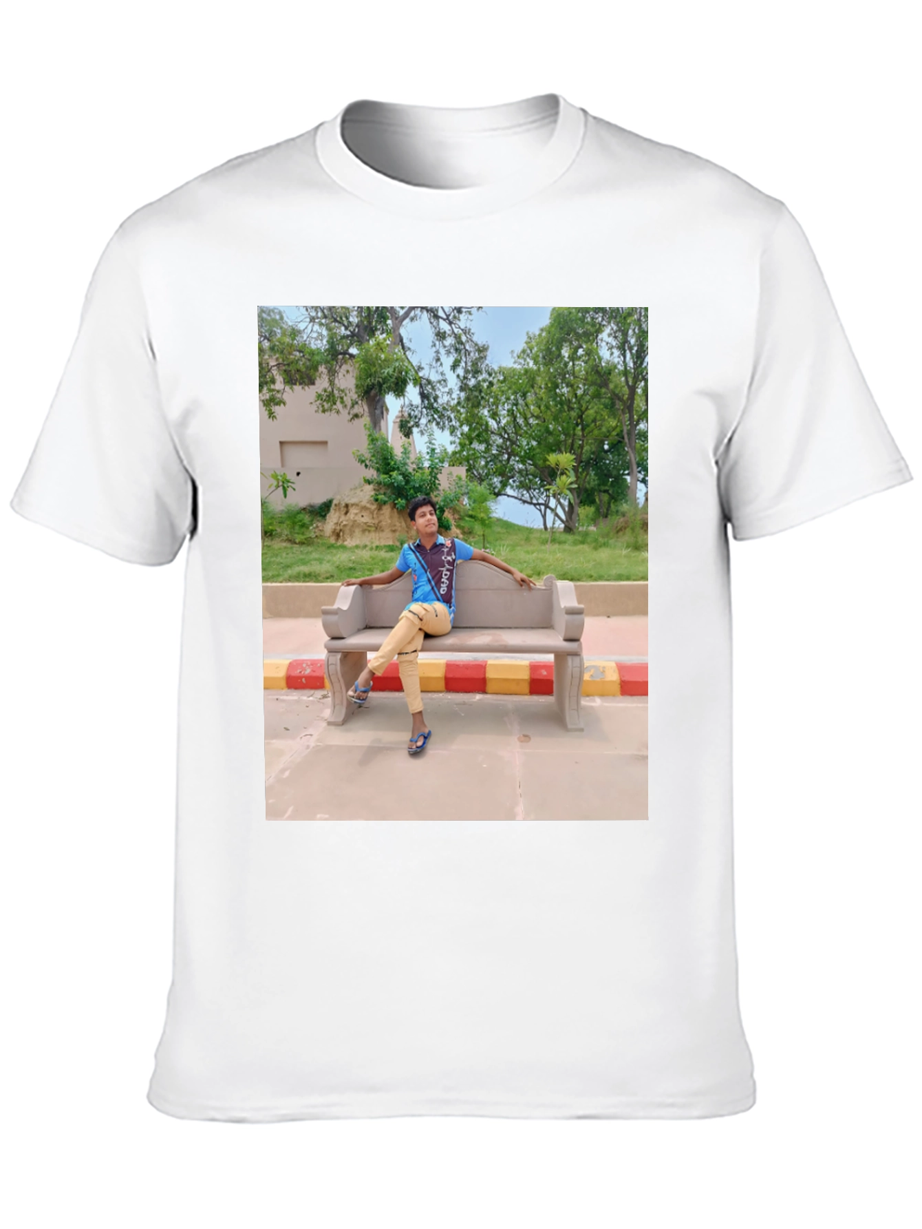Black Black T-Shirt with Picture of Boy on Bench view 10