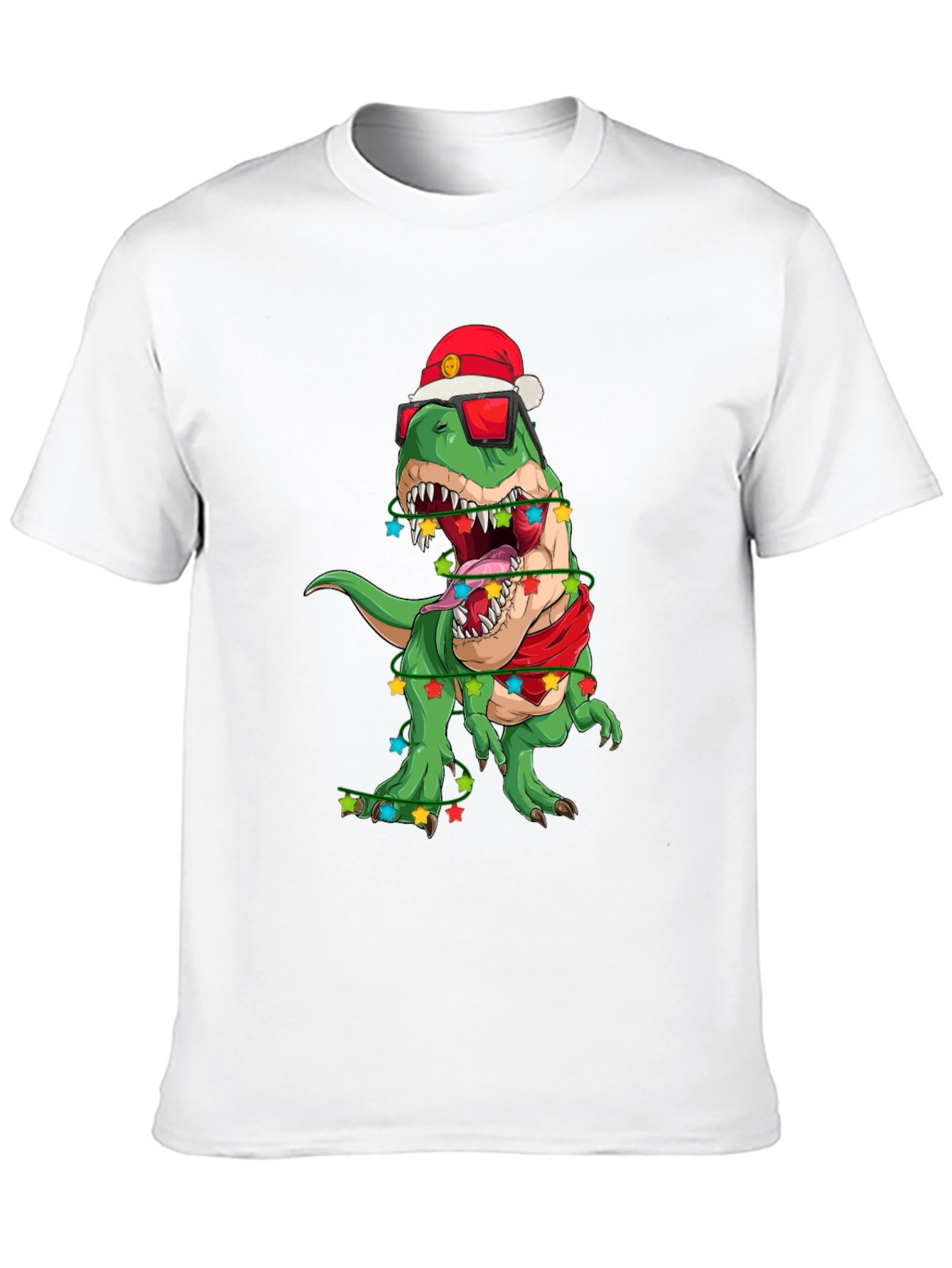 Black Festive Dinosaur T-Shirt: Holiday T-Rex in Santa Hat view 10