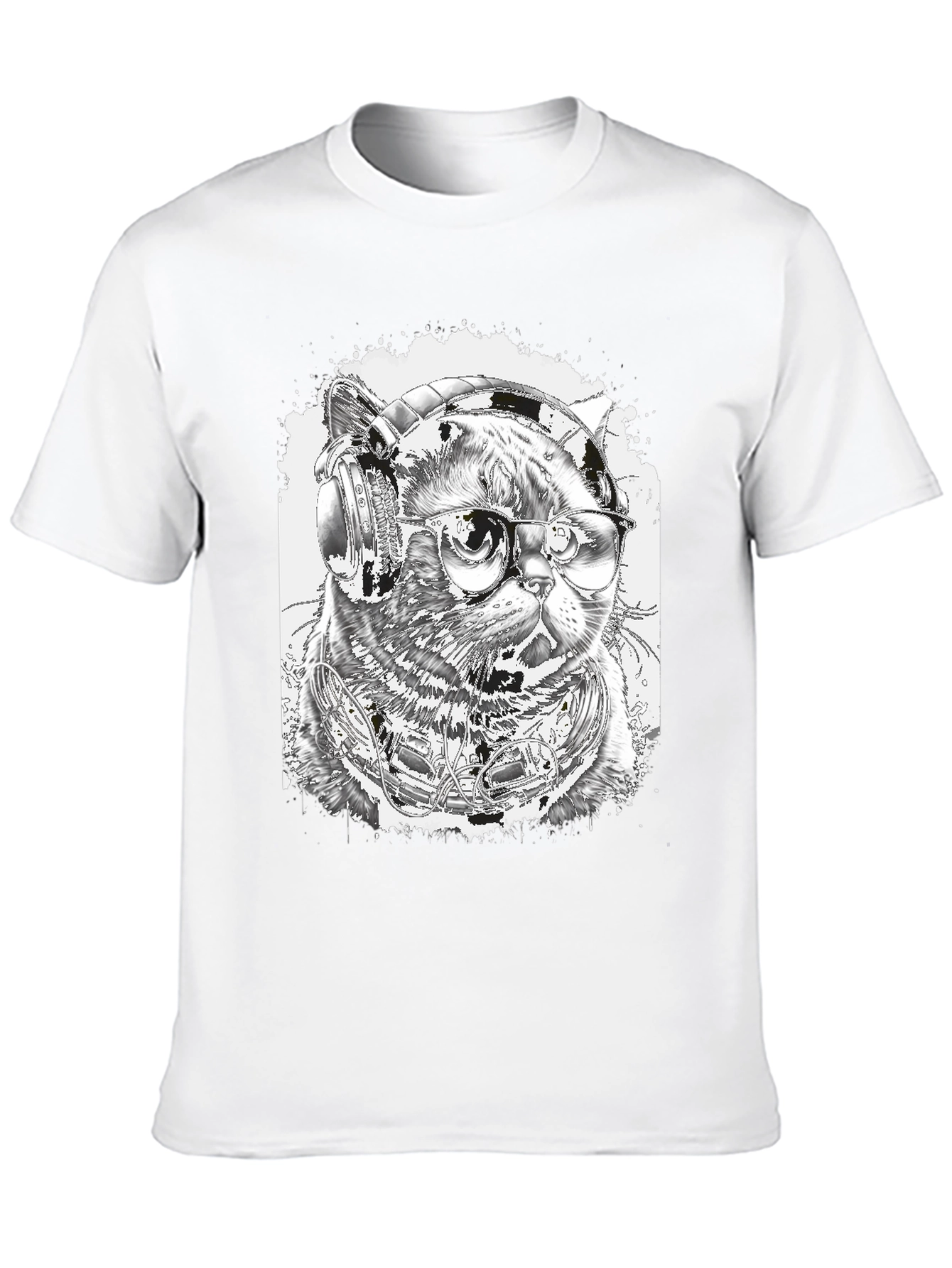 Black Cool Cat T-Shirt - Headphones & Glasses view 10
