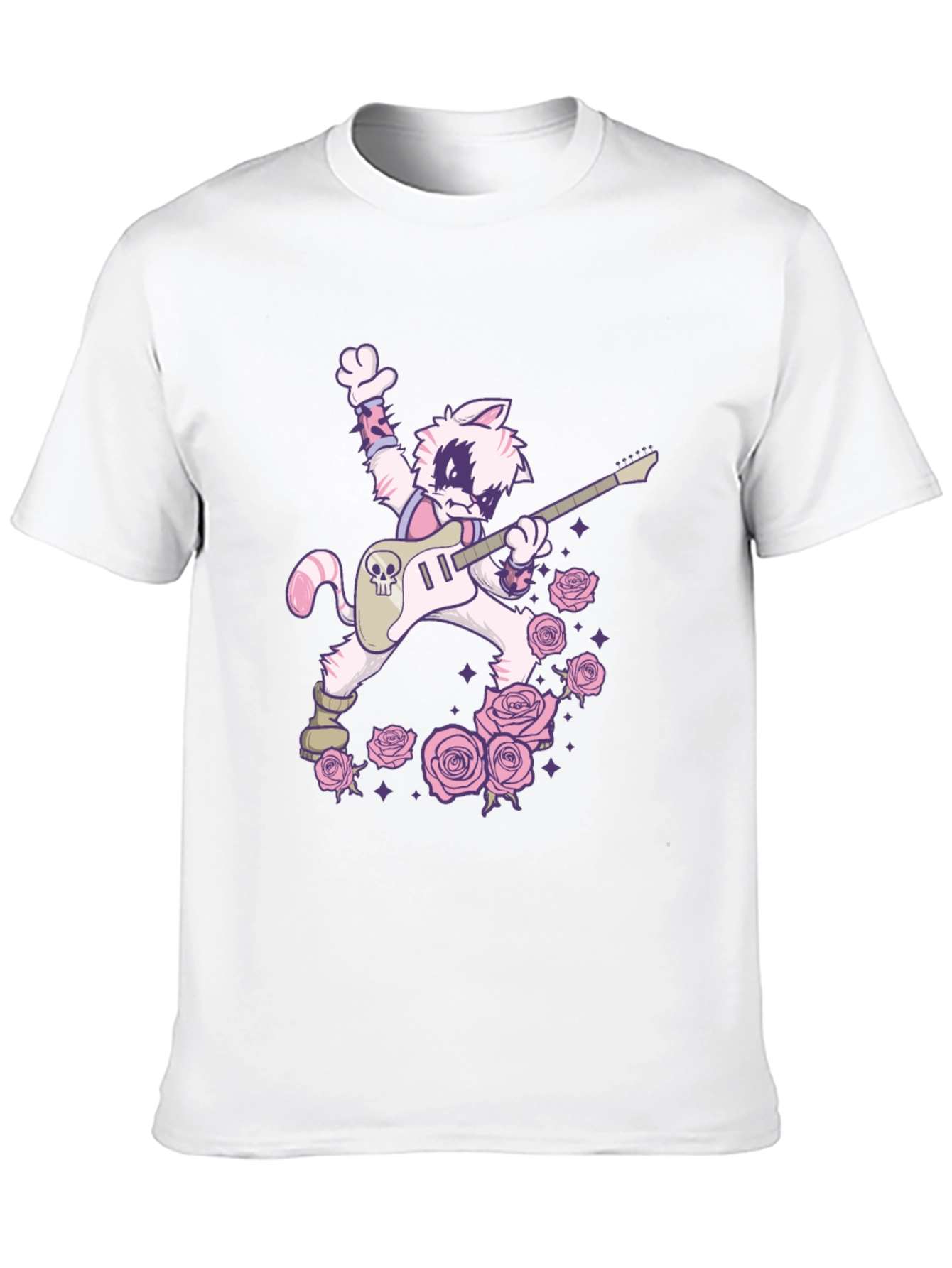 Black Rockstar Cat T-Shirt - Skull Guitar & Roses Graphic Tee view 10