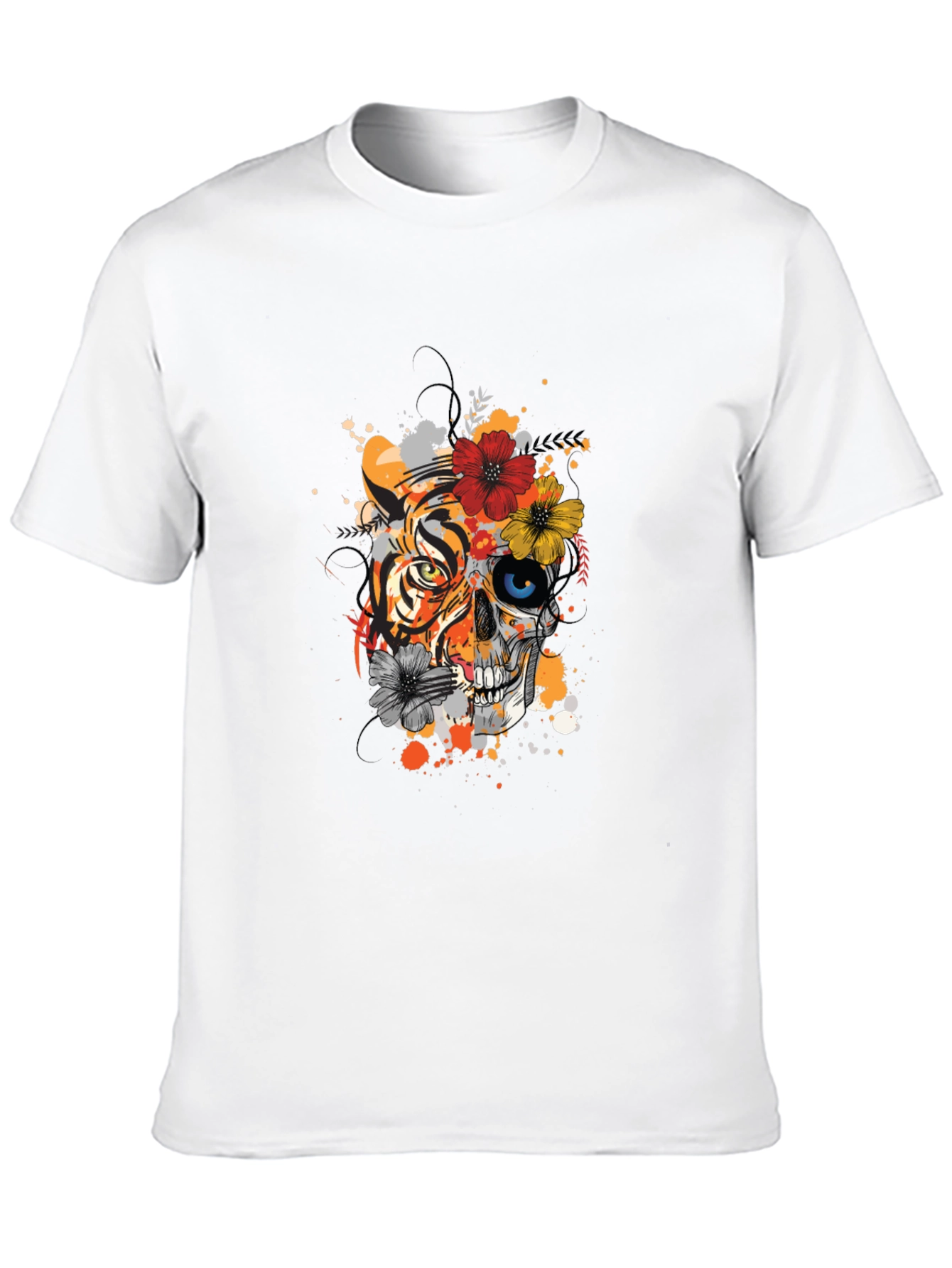 Black Tiger Skull Floral Print Black T-Shirt view 10