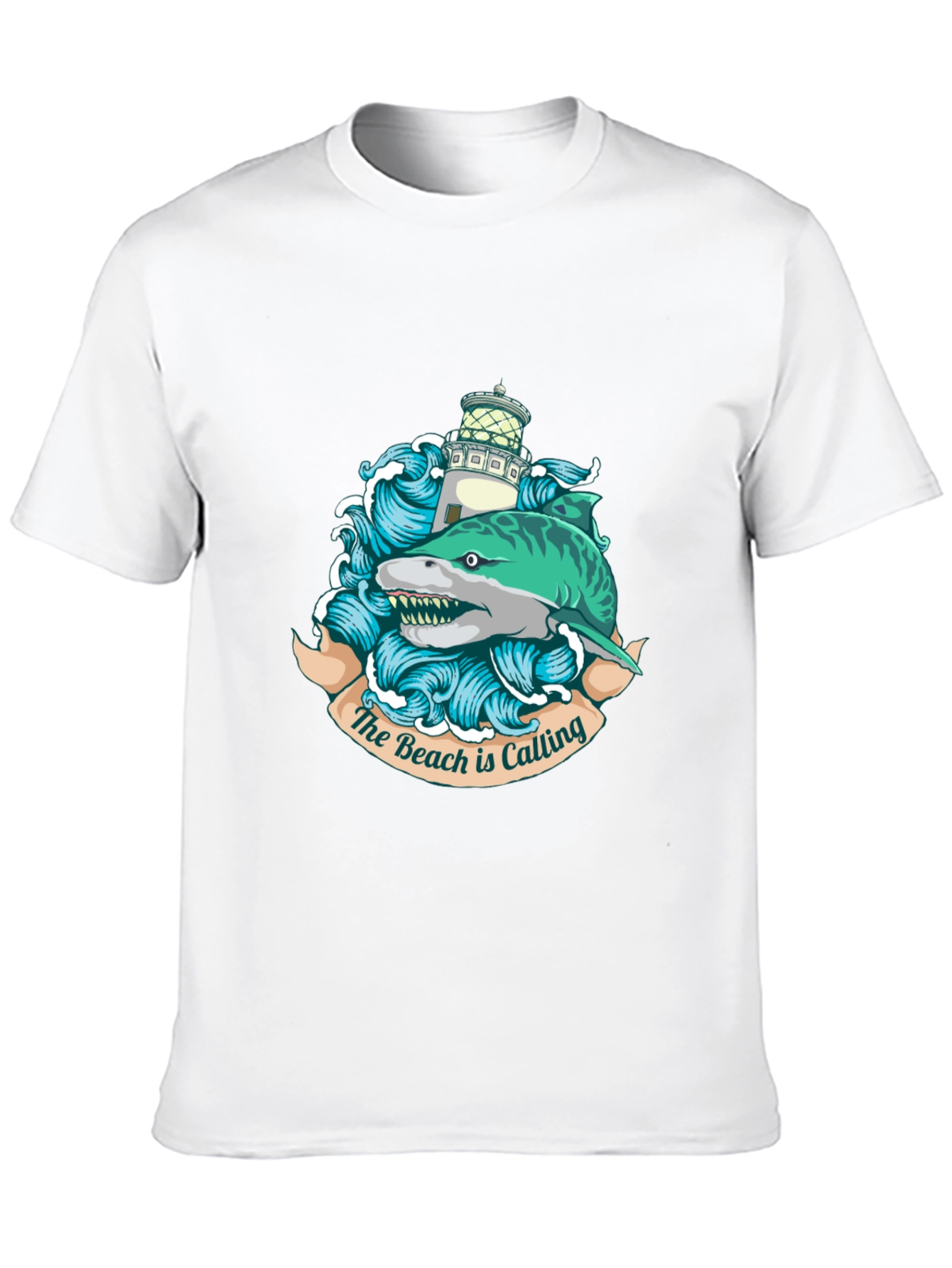 Black Beach Calling T-Shirt with Shark and Lighthouse view 10