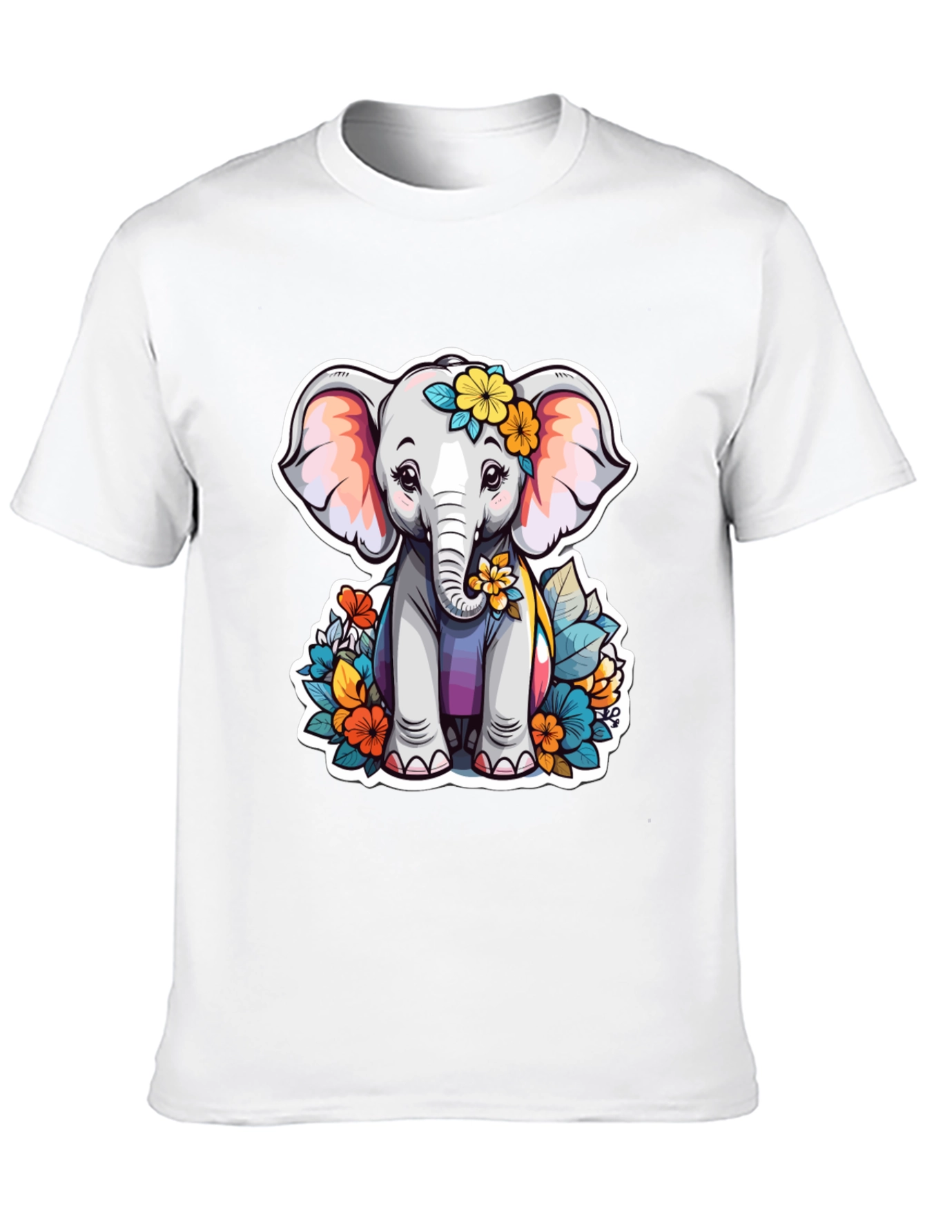 Black Cute Elephant Floral T-Shirt - Unisex Black Tee view 10