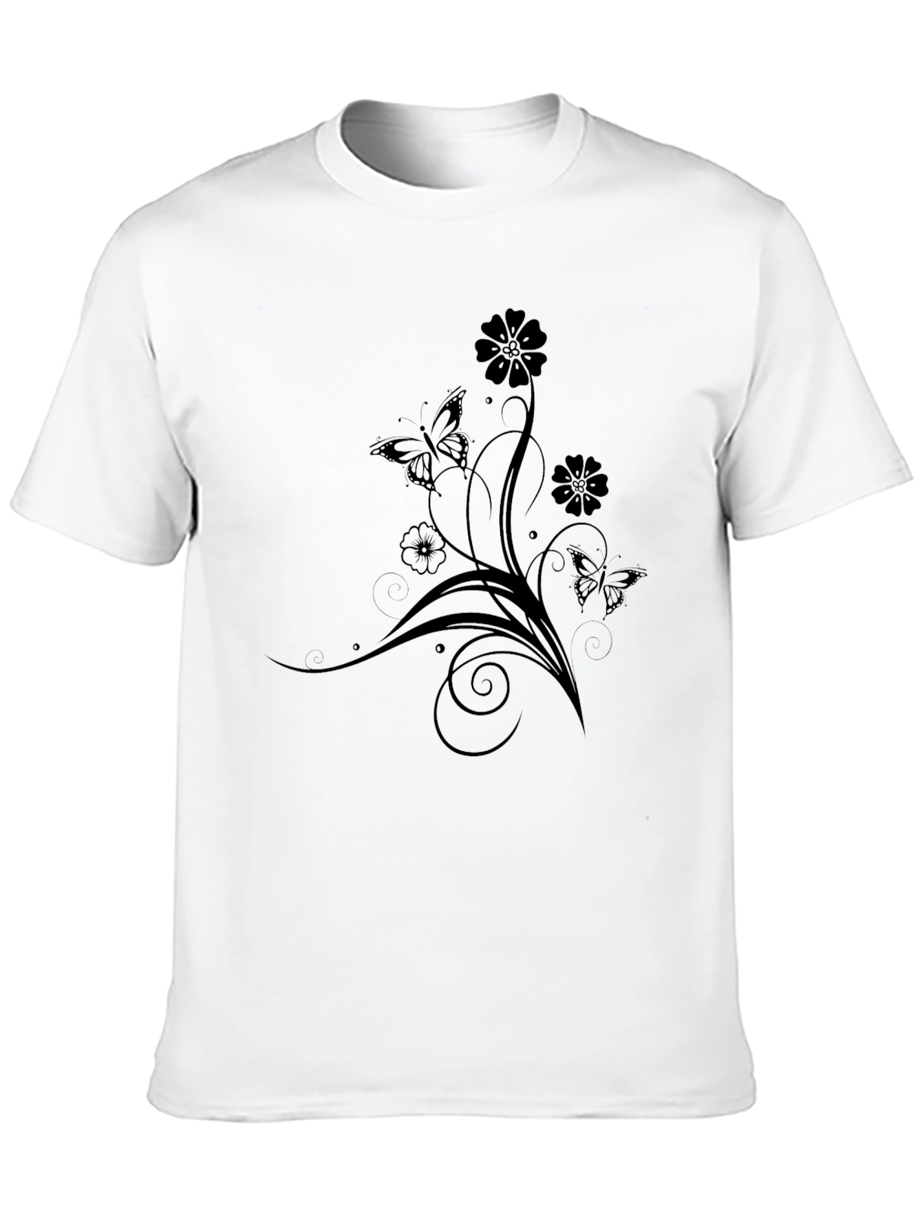 Black Elegant Black Tee with Floral Butterfly Design view 10
