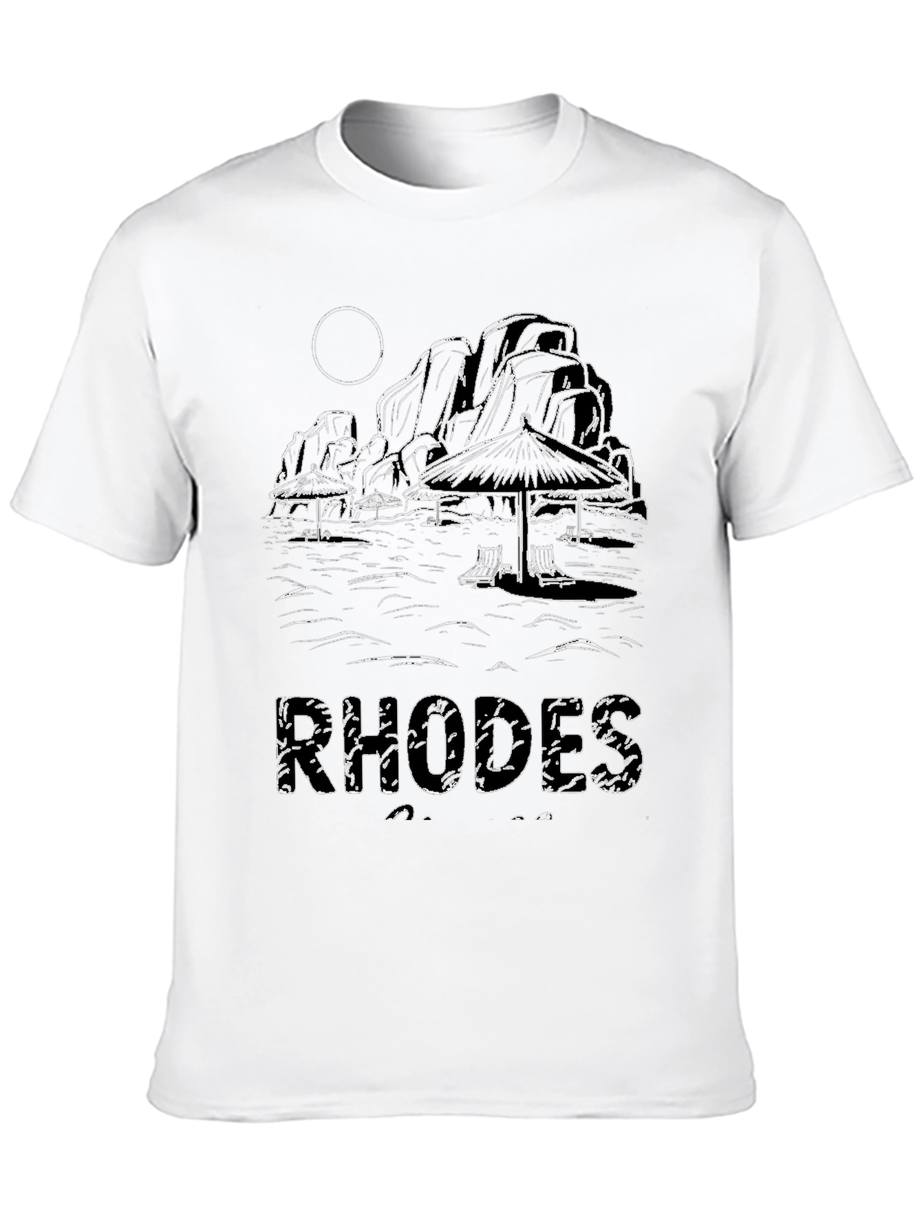 Black Rhodes Beach Scene Black T-Shirt view 10