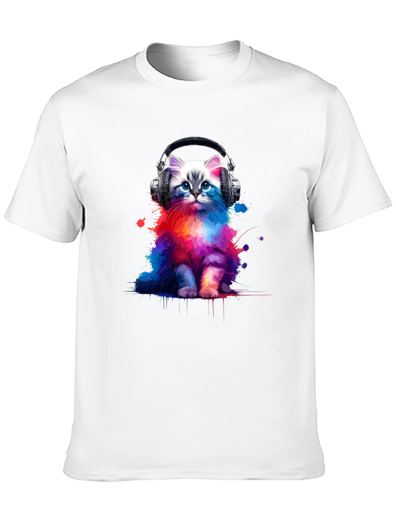 Black Colorful Cat Headphones Graphic Tee view 10