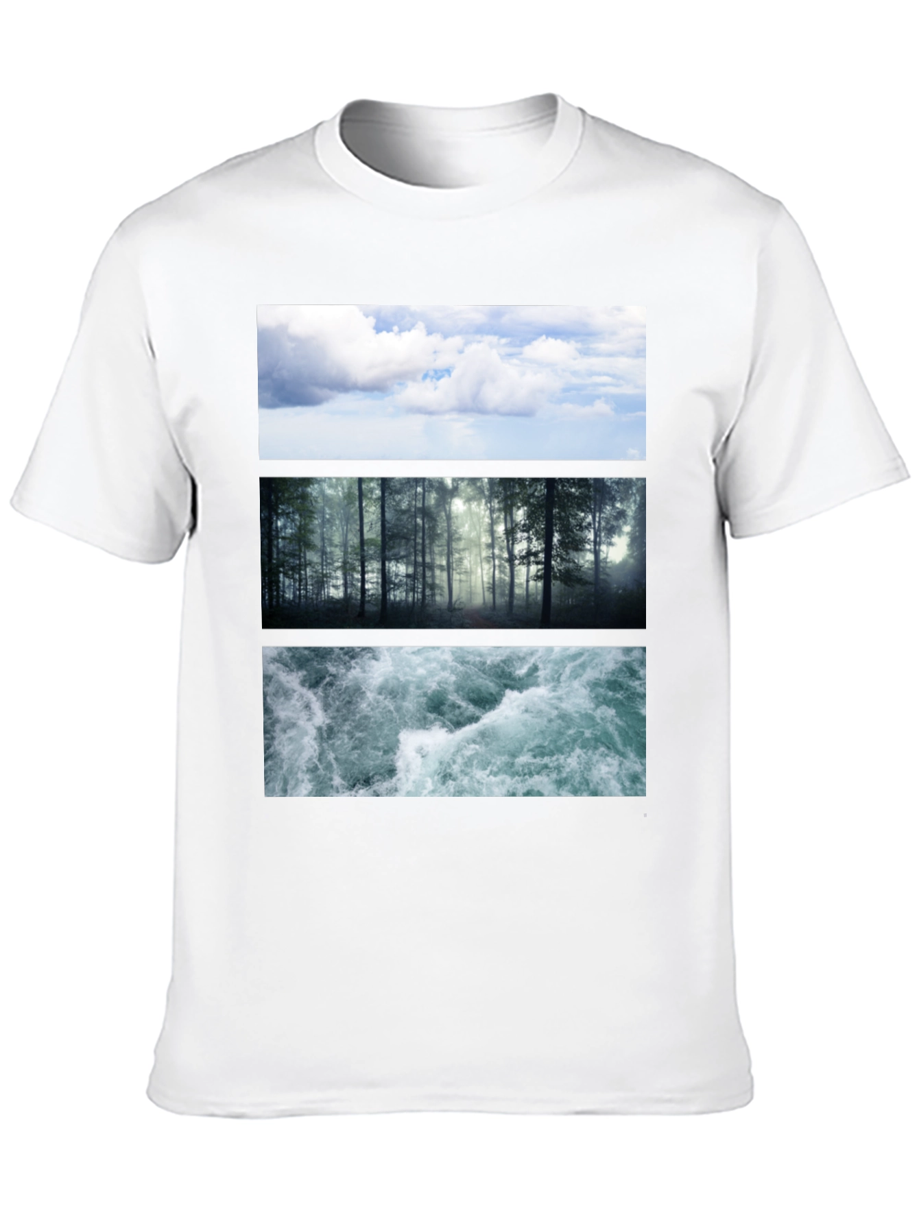 Black Nature Collage T-Shirt: Sky, Forest, Water Graphic Tee view 10