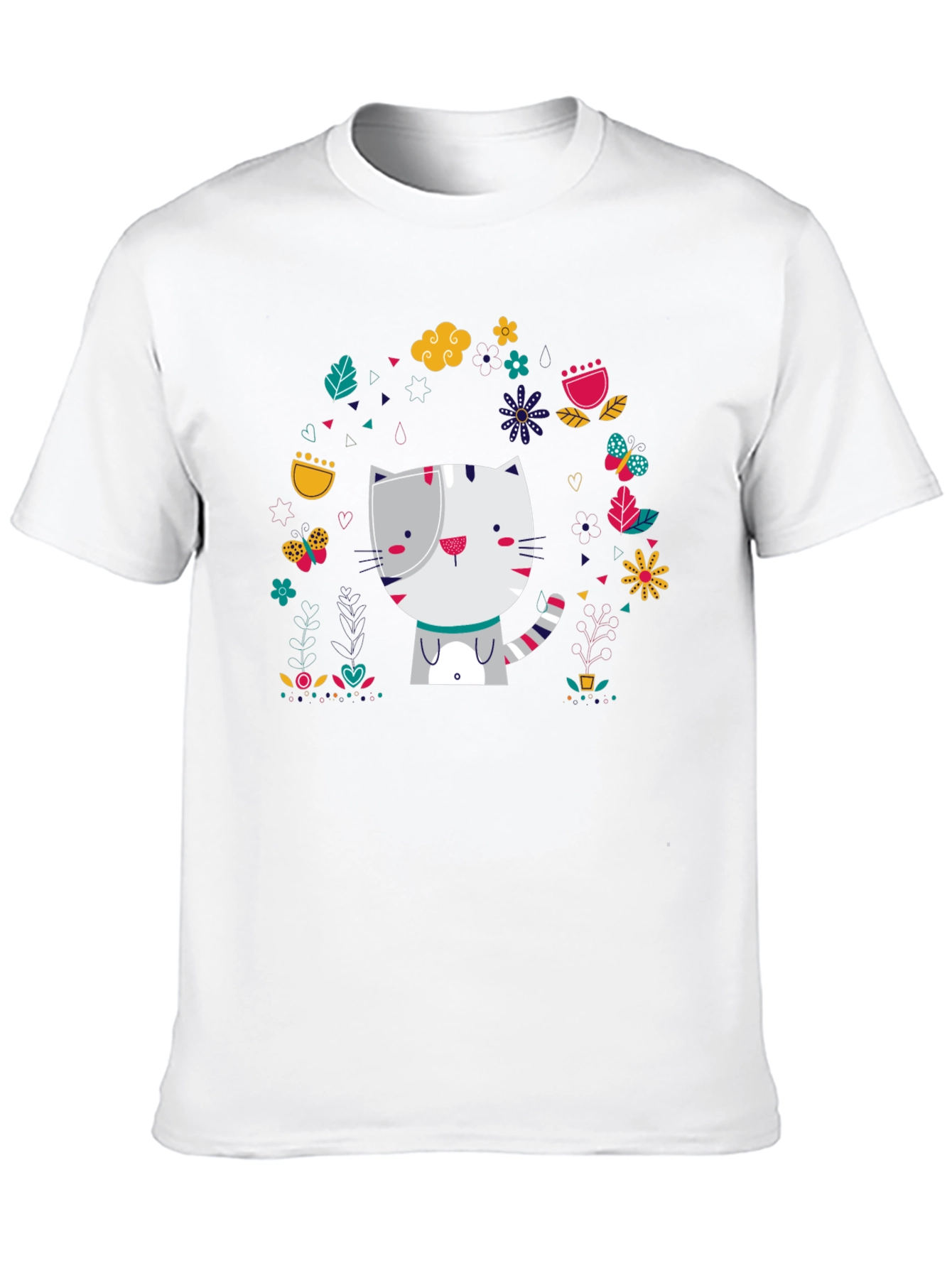 Black Cute Cat Floral Design Black T-Shirt view 10