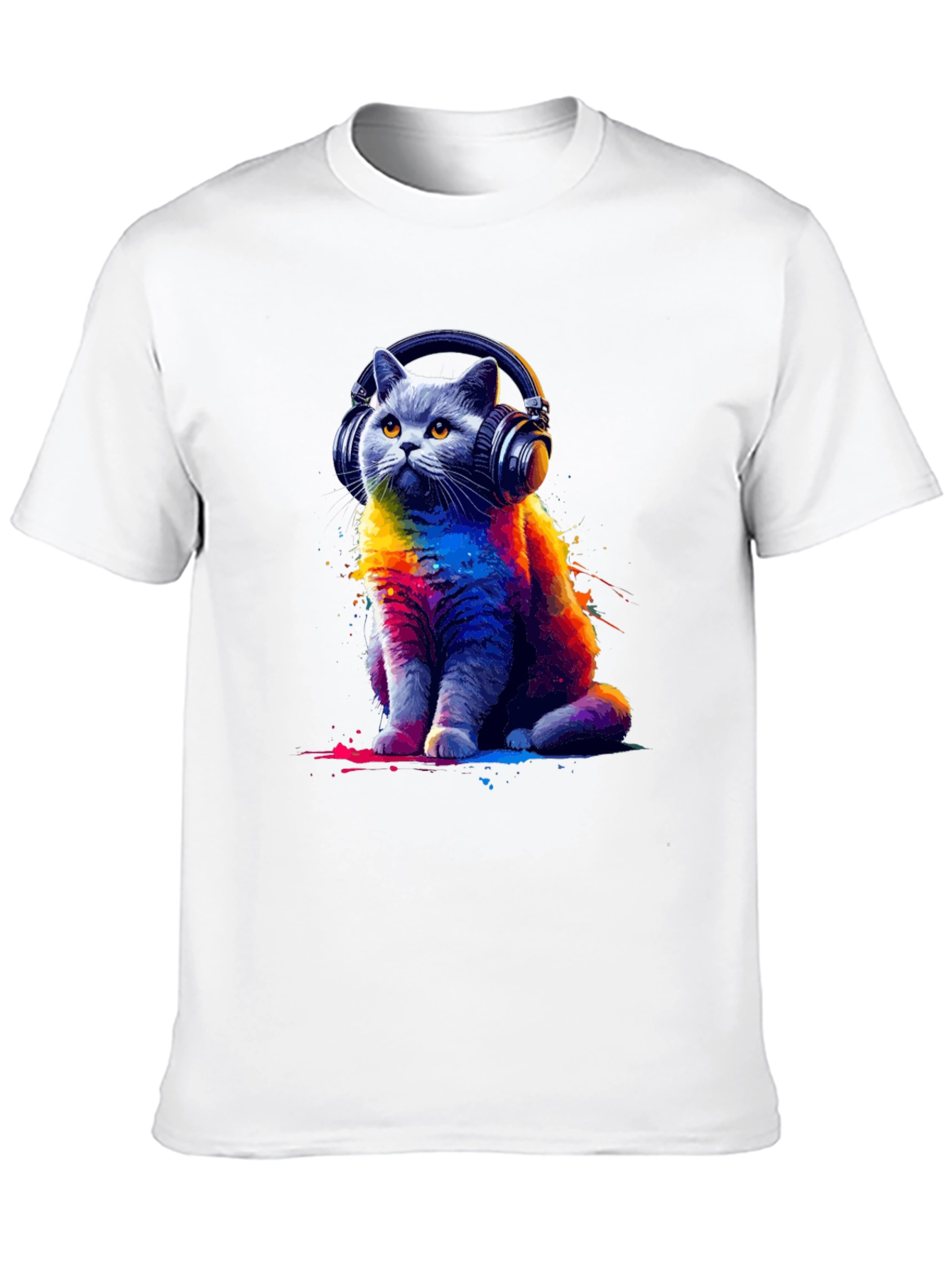 Black Cool Cat Headphones T-Shirt - Colorful Graphic Tee view 10