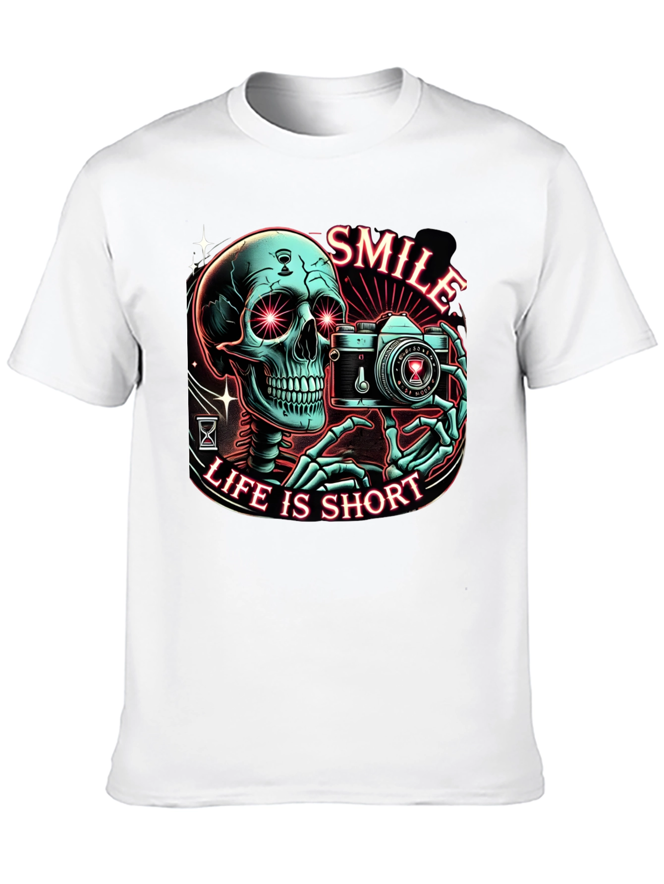 Black Smile Life is Short Graphic Tee - Camera Skeleton T-Shirt view 10
