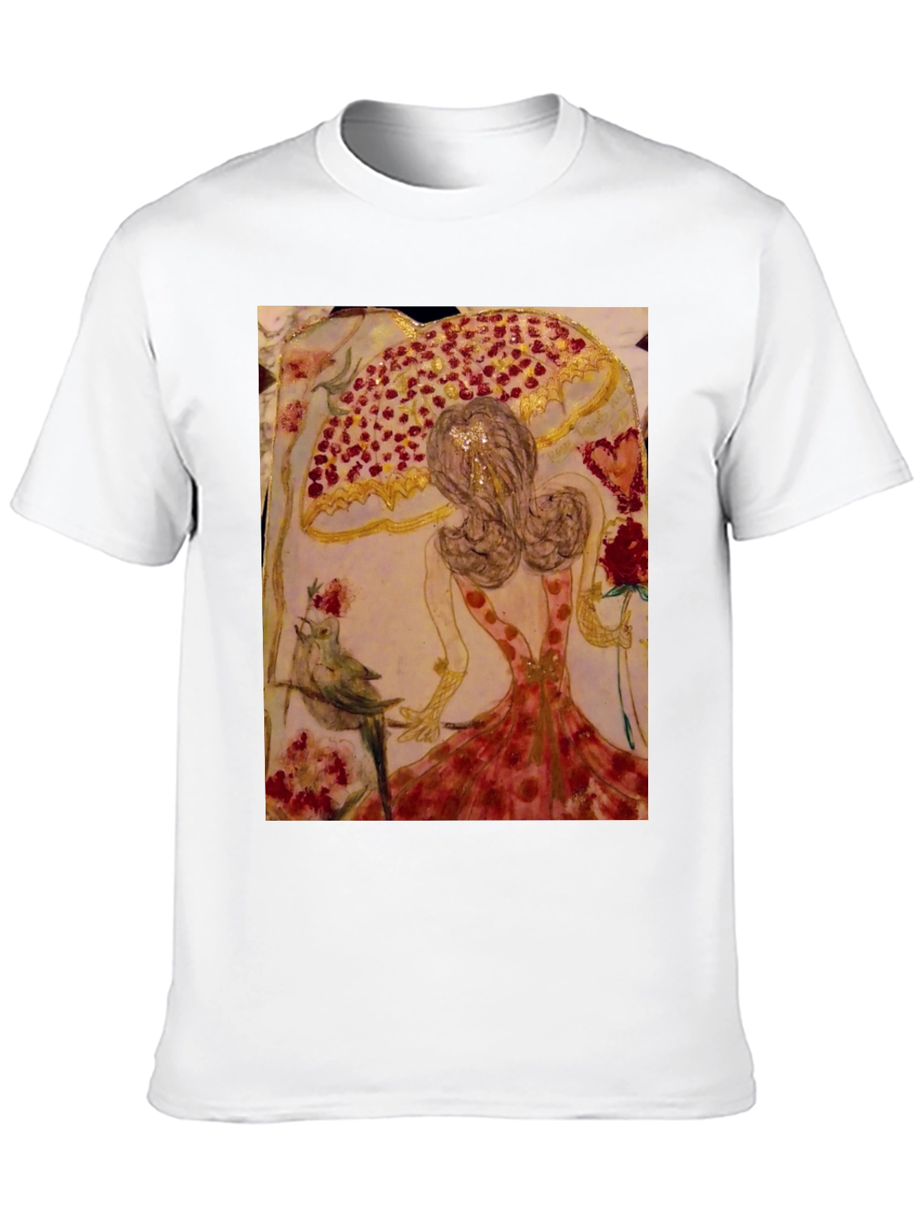 Black Whimsical Art T-Shirt: Bird, Roses, & Dancer view 10