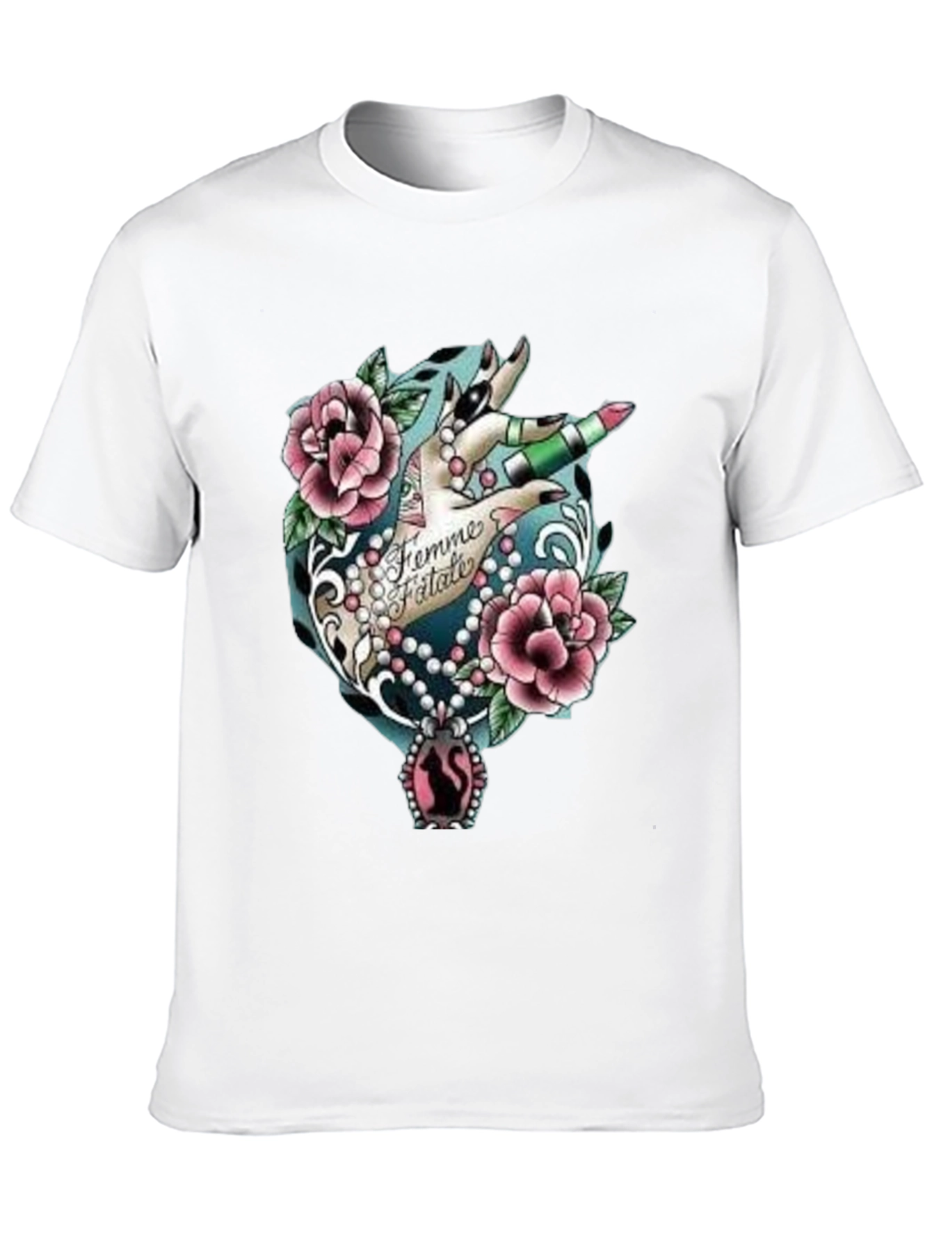 Black Femme Fatale Graphic T-Shirt - Roses & Lipstick Design view 10