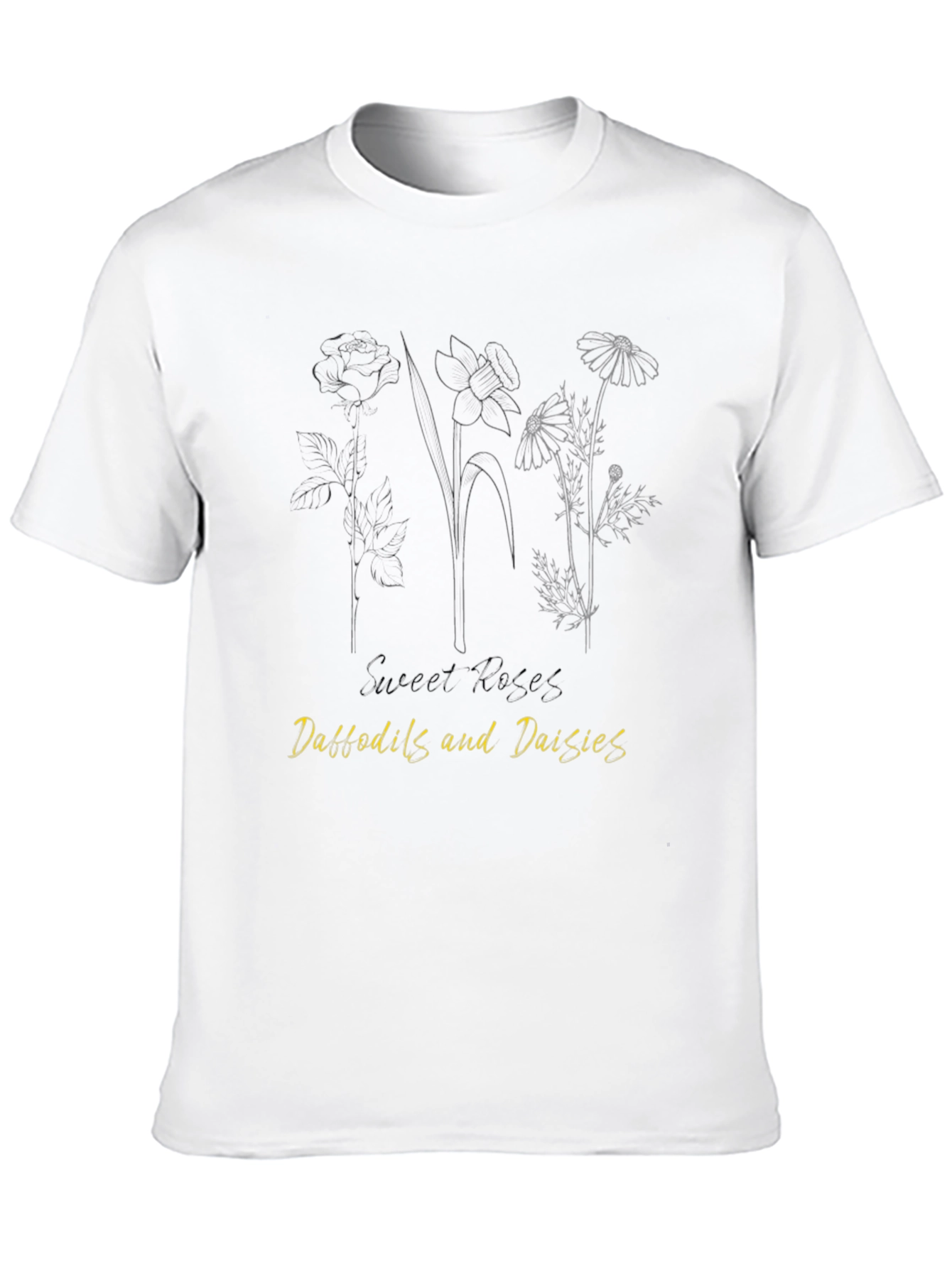 Black Floral Print Graphic Tee - Sweet Roses, Daffodils and Daisies view 10