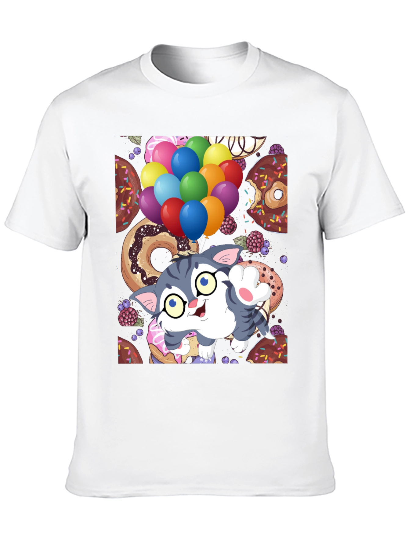 Black Cute Cartoon Cat with Balloons and Donuts T-Shirt view 10