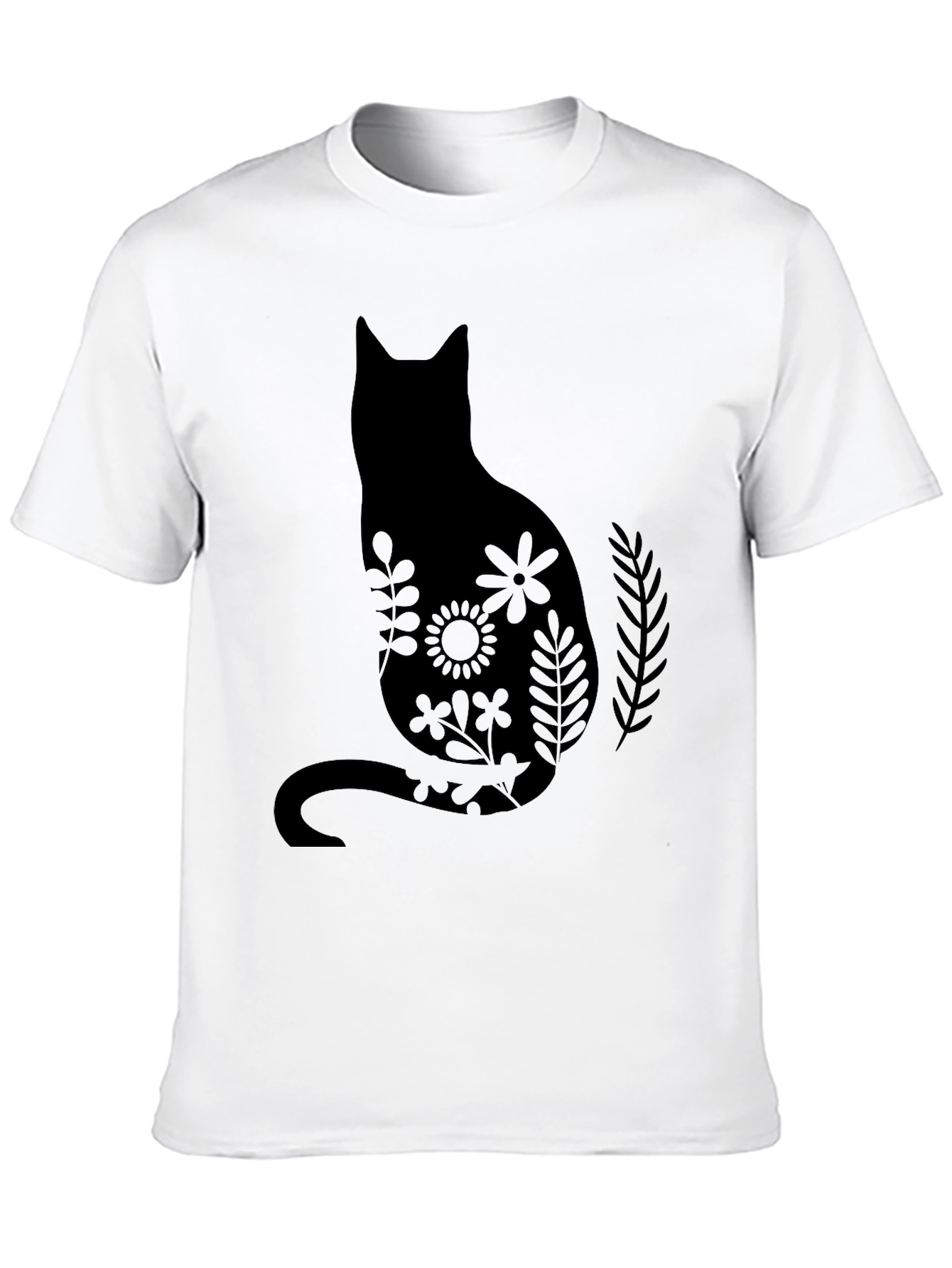 Black Floral Cat Silhouette Black T-Shirt view 10