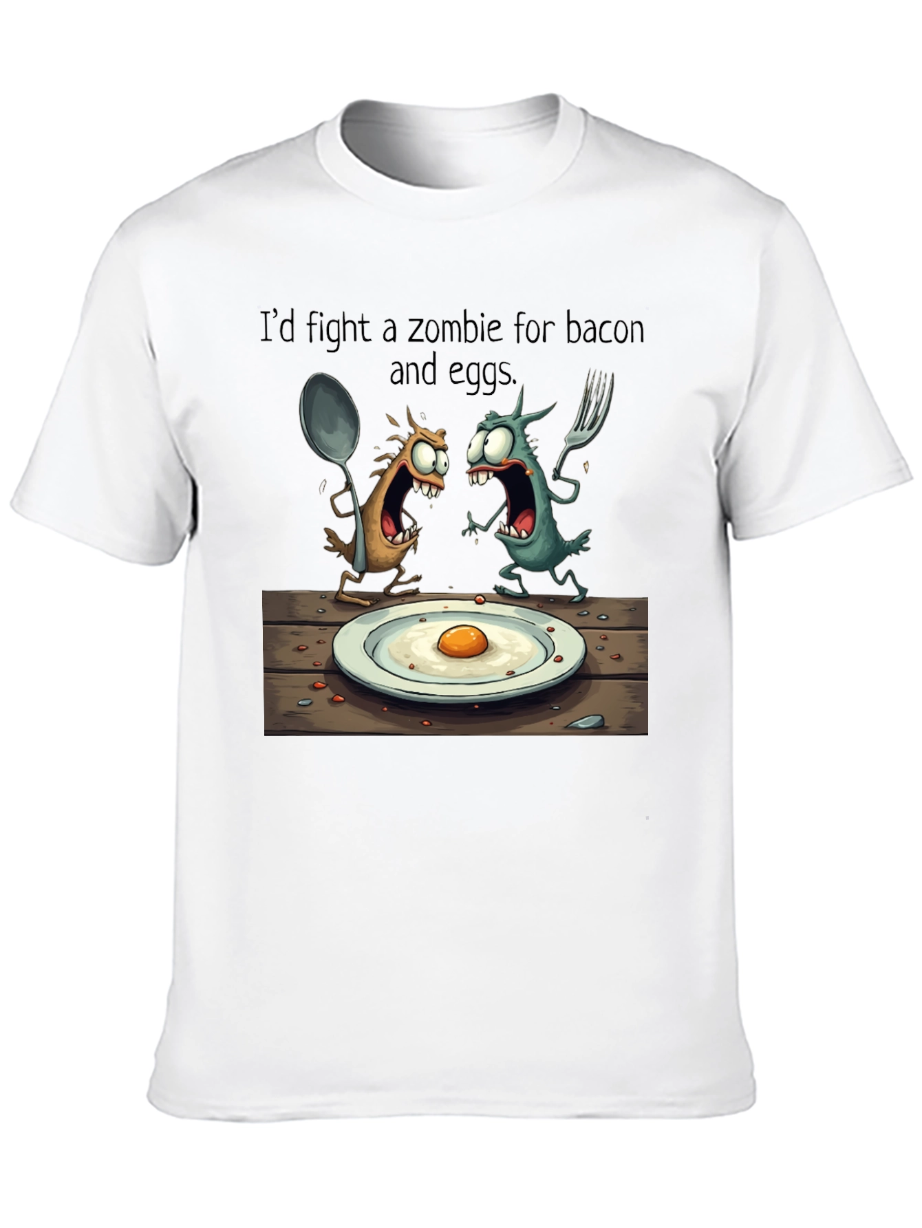 Black Zombie Bacon & Eggs T-Shirt: Funny Cartoon Foodie Tee view 10