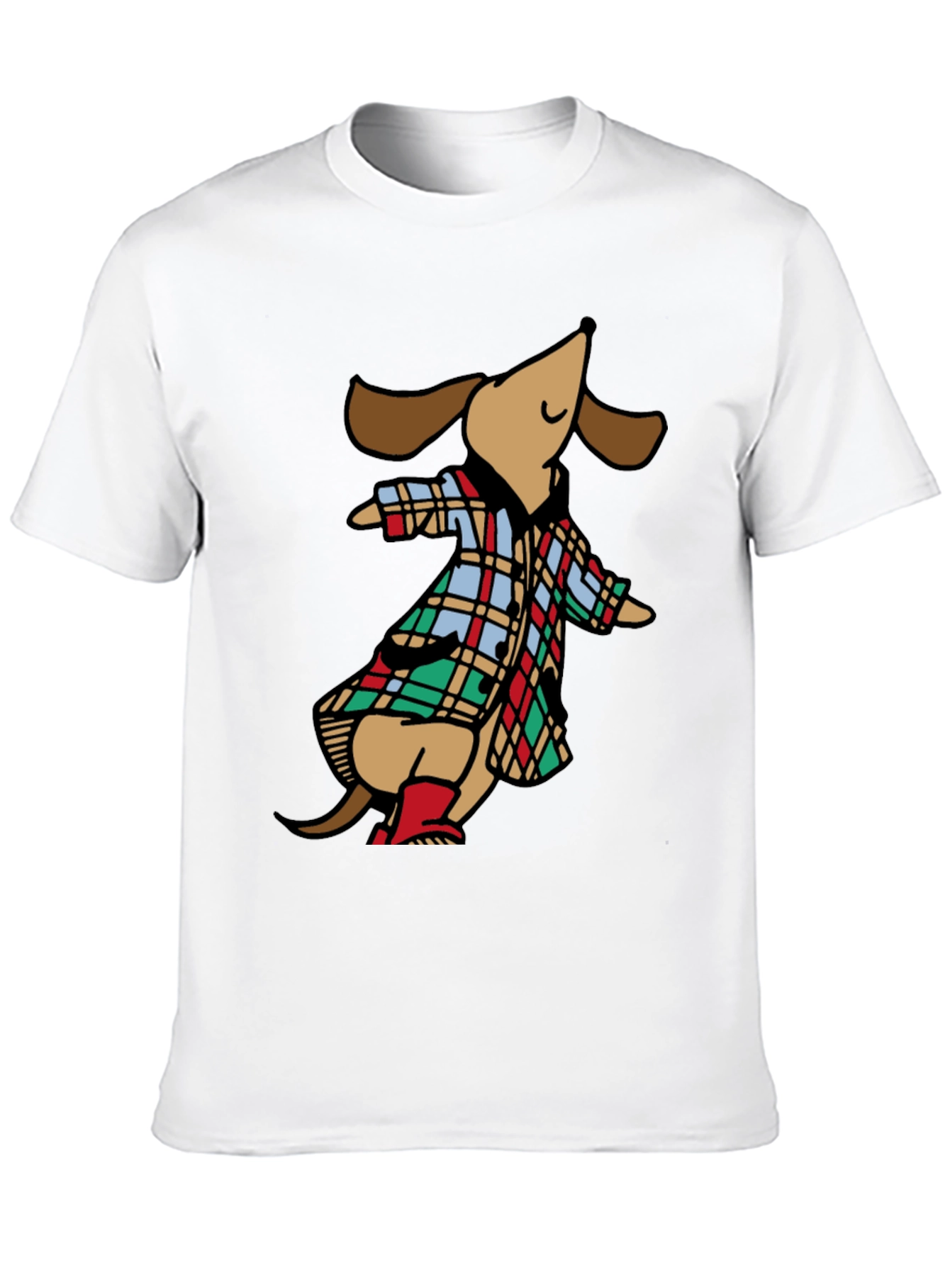 Black Dachshund in Plaid Raincoat T-Shirt view 10