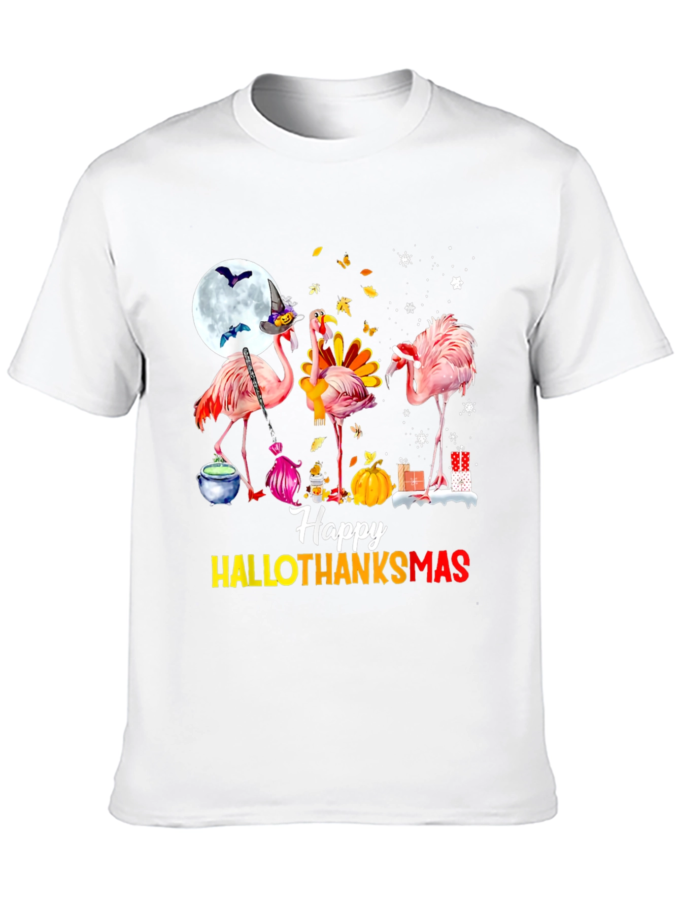 Black Happy HALLOTHANKS Christmas Flamingo T-Shirt view 10