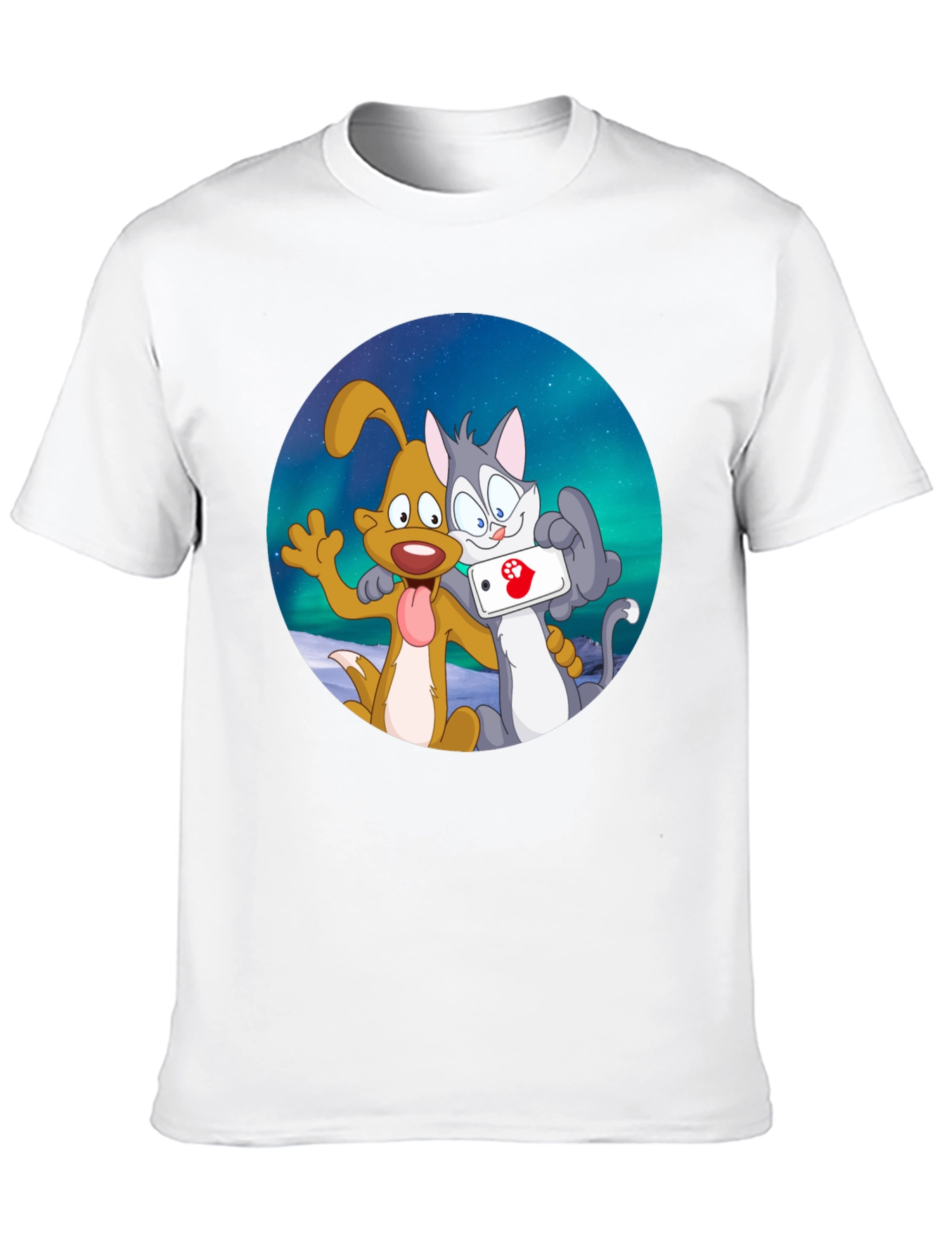 Black Cartoon Dog and Cat Selfie Black T-Shirt view 10