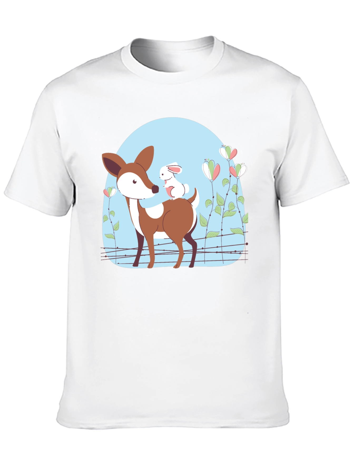 Black Cute Deer & Rabbit Graphic Black T-Shirt view 10