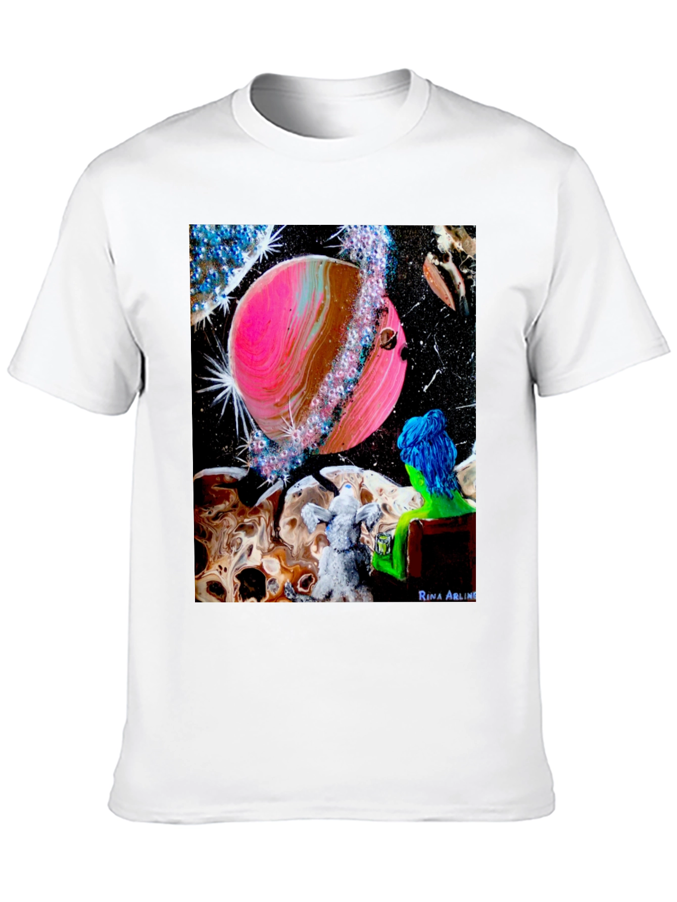 Black Cosmic Dreamer T-Shirt: Pink Planet & Blue Haired Girl view 10