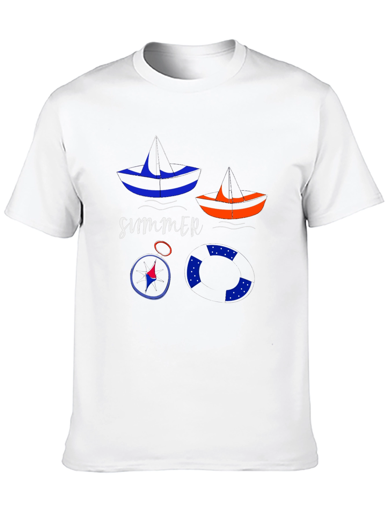 Summer Nautical T-Shirt: Sailboats, Compass, and Life Preserver - 10