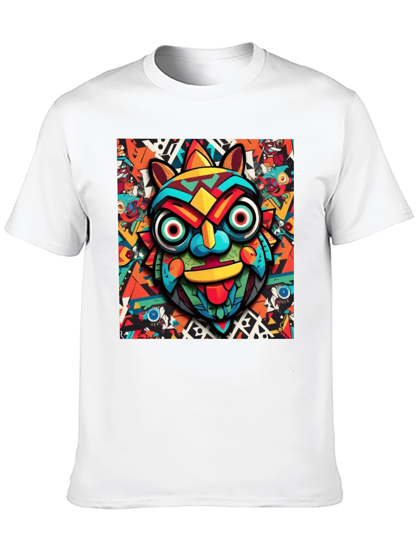 Black Bold Graphic Tee - Colorful Tribal Mask Design view 10