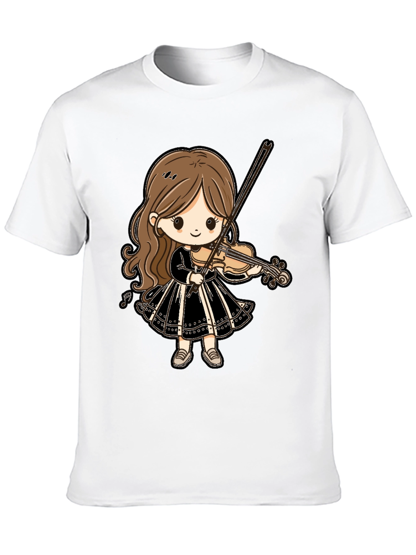 Black Cute Violin Girl Graphic Tee - Black Cotton T-Shirt view 10