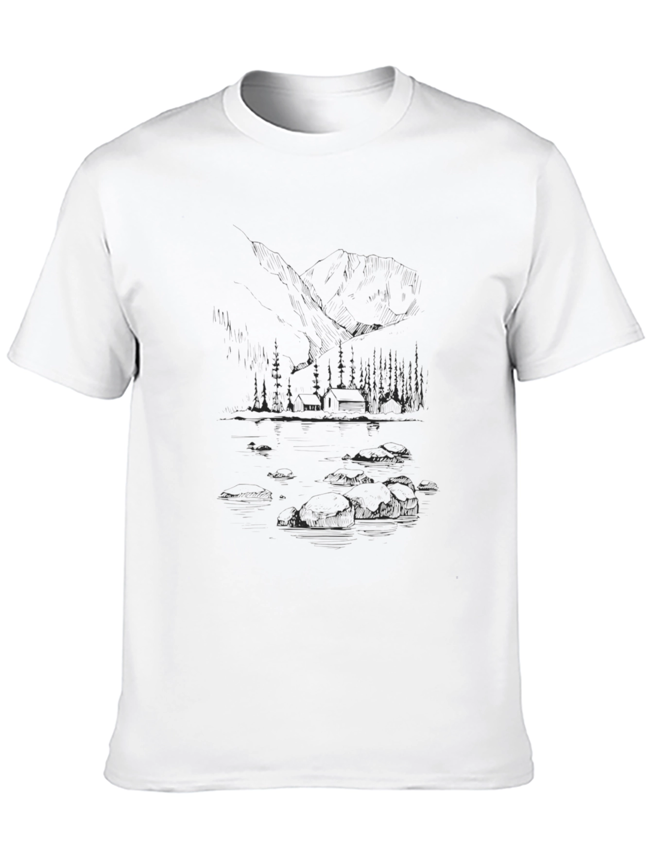 Black Nature Sketch Tee - Mountain Cabin Lake Scene view 10