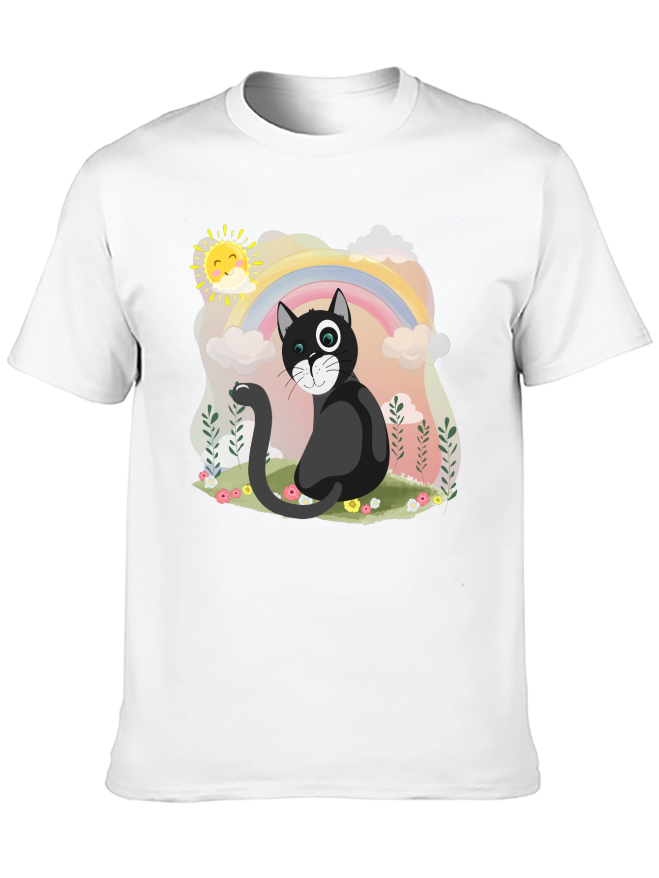 Black Whimsical Cat Rainbow T-Shirt view 10