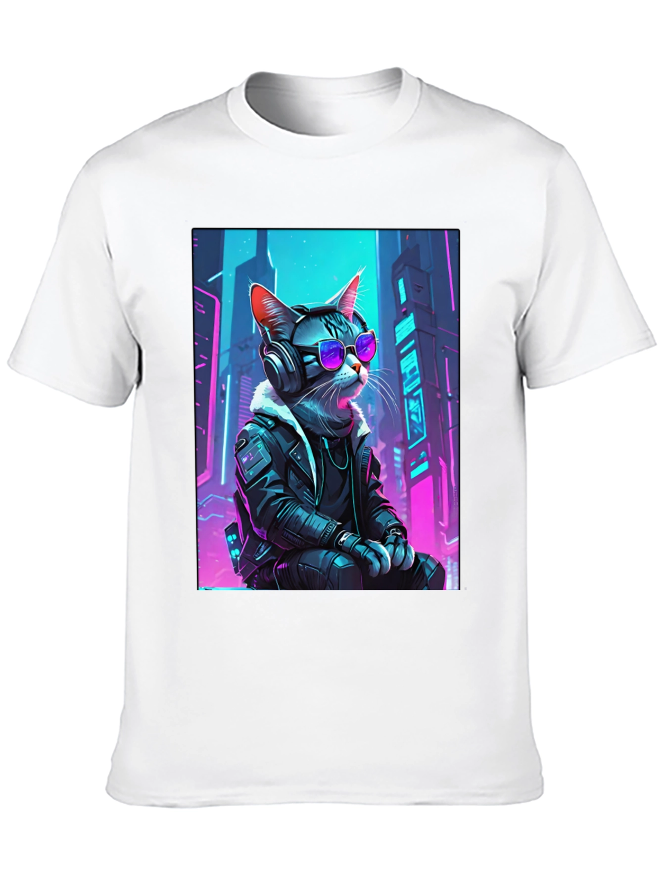 Black Cyberpunk Cat T-Shirt - Cool Neon Design view 10