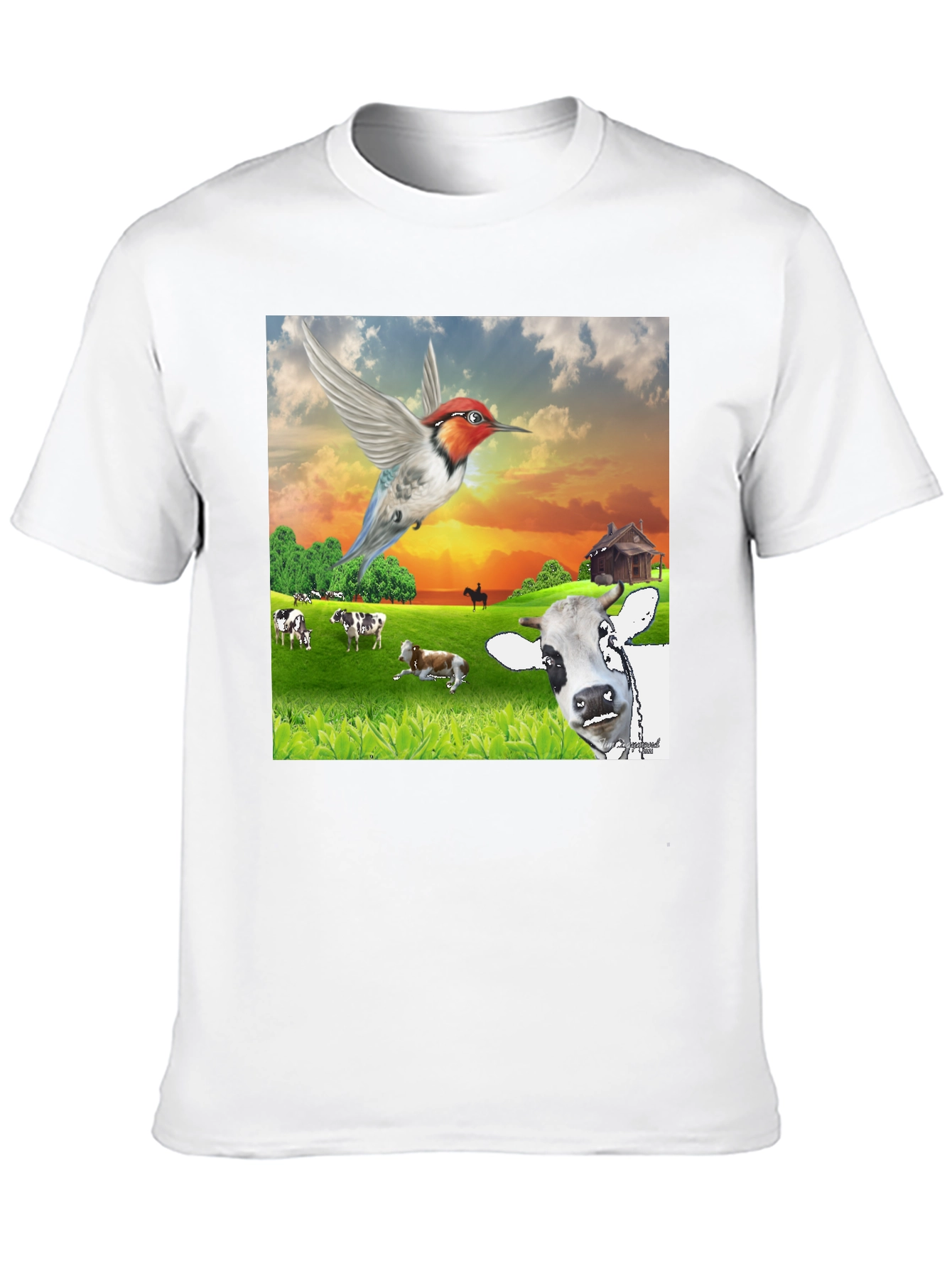 Black Hummingbird & Cow Farm T-Shirt - Unique Animal Design view 10